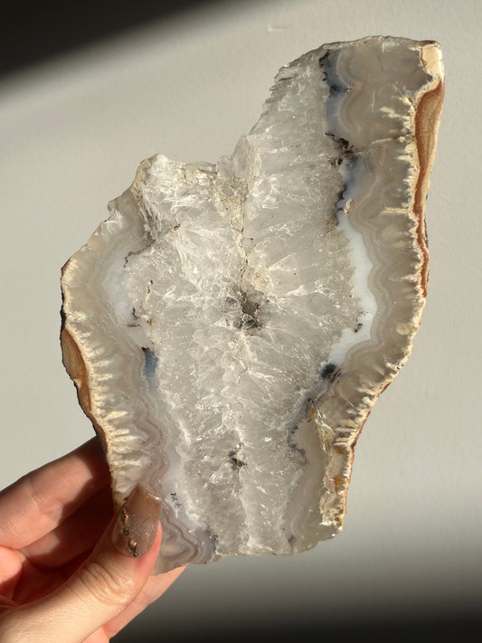 Indonesian Flower Agate with Quartz and Dendritic Inclusions Slab on Stand