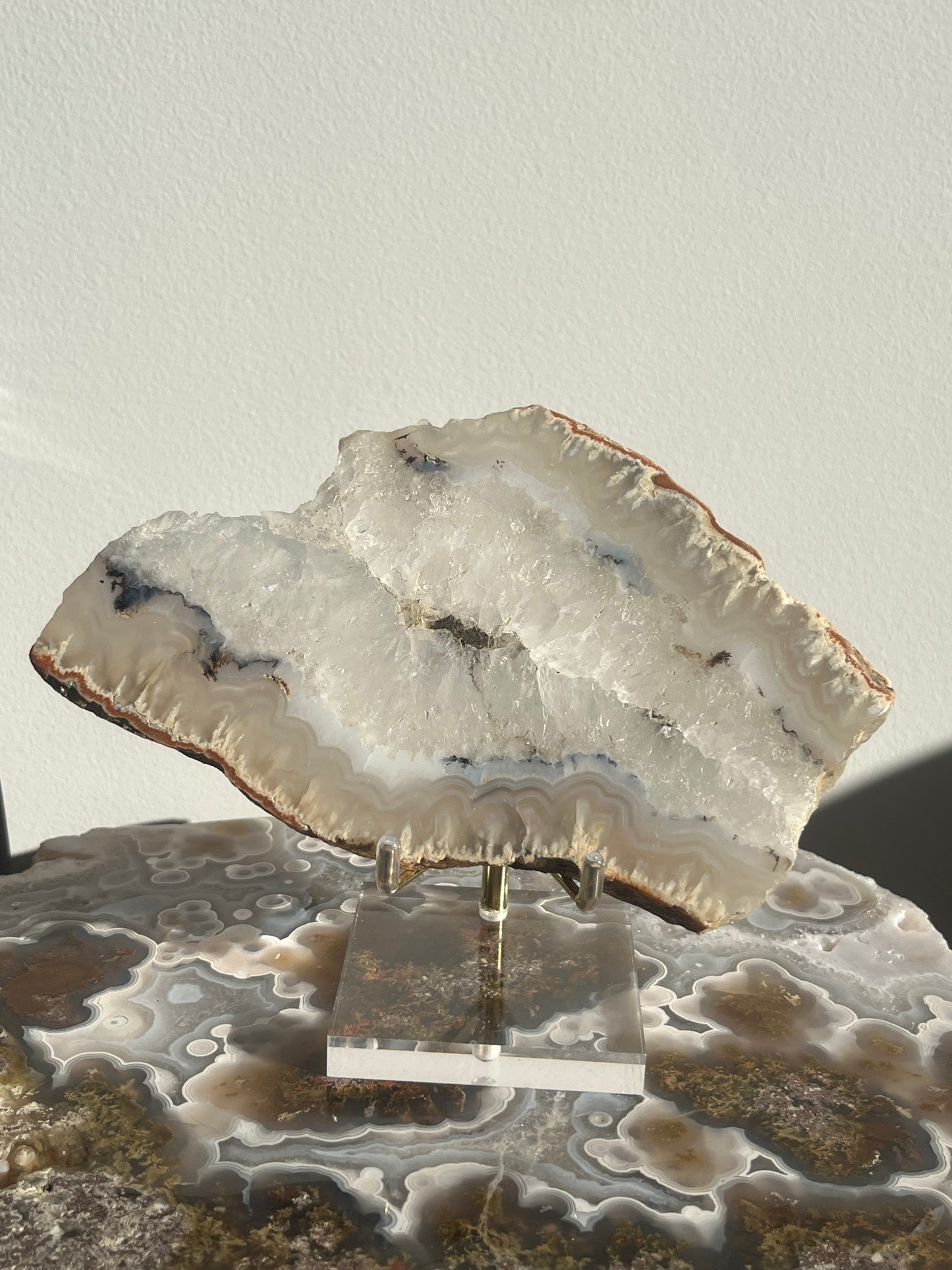 Indonesian Flower Agate with Quartz and Dendritic Inclusions Slab on Stand