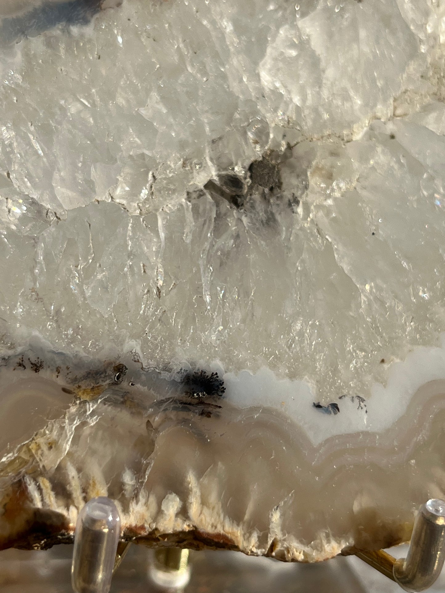 Indonesian Flower Agate with Quartz and Dendritic Inclusions Slab on Stand