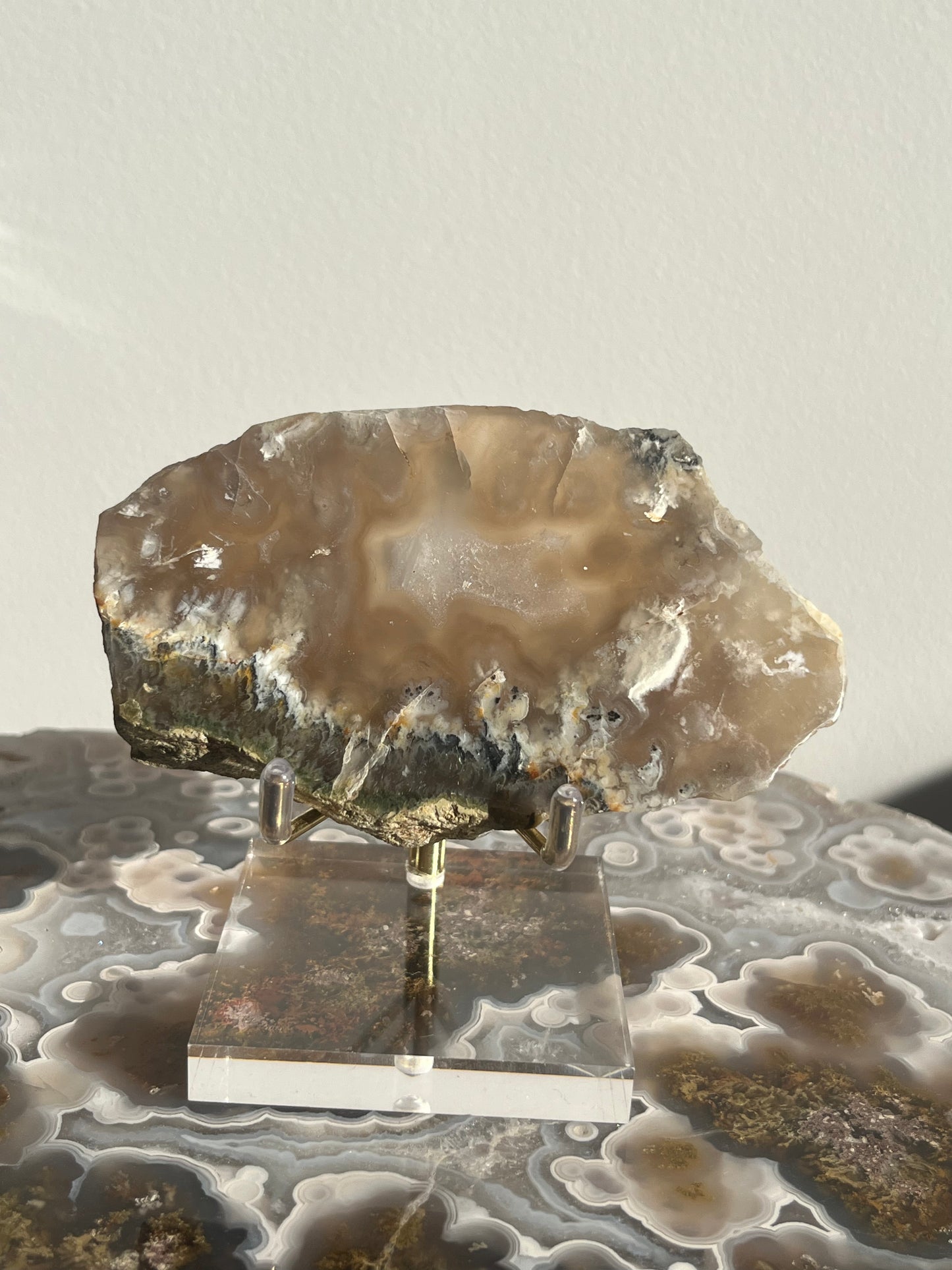 Flower Agate Slab with Dendritic & Green Moss Inclusions on Stand A
