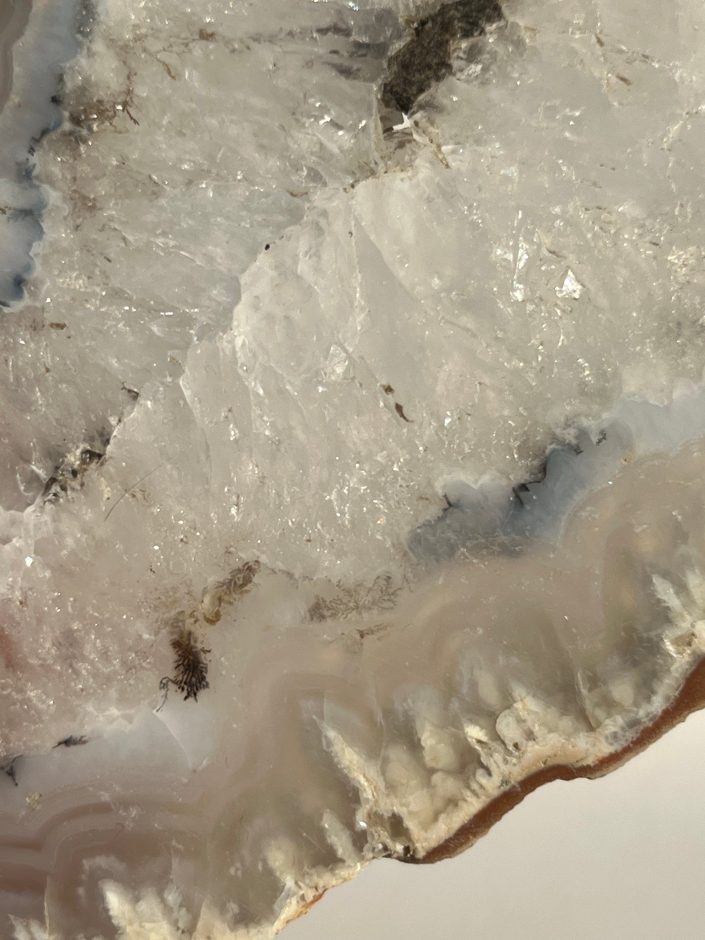Indonesian Flower Agate with Quartz and Dendritic Inclusions Slab on Stand