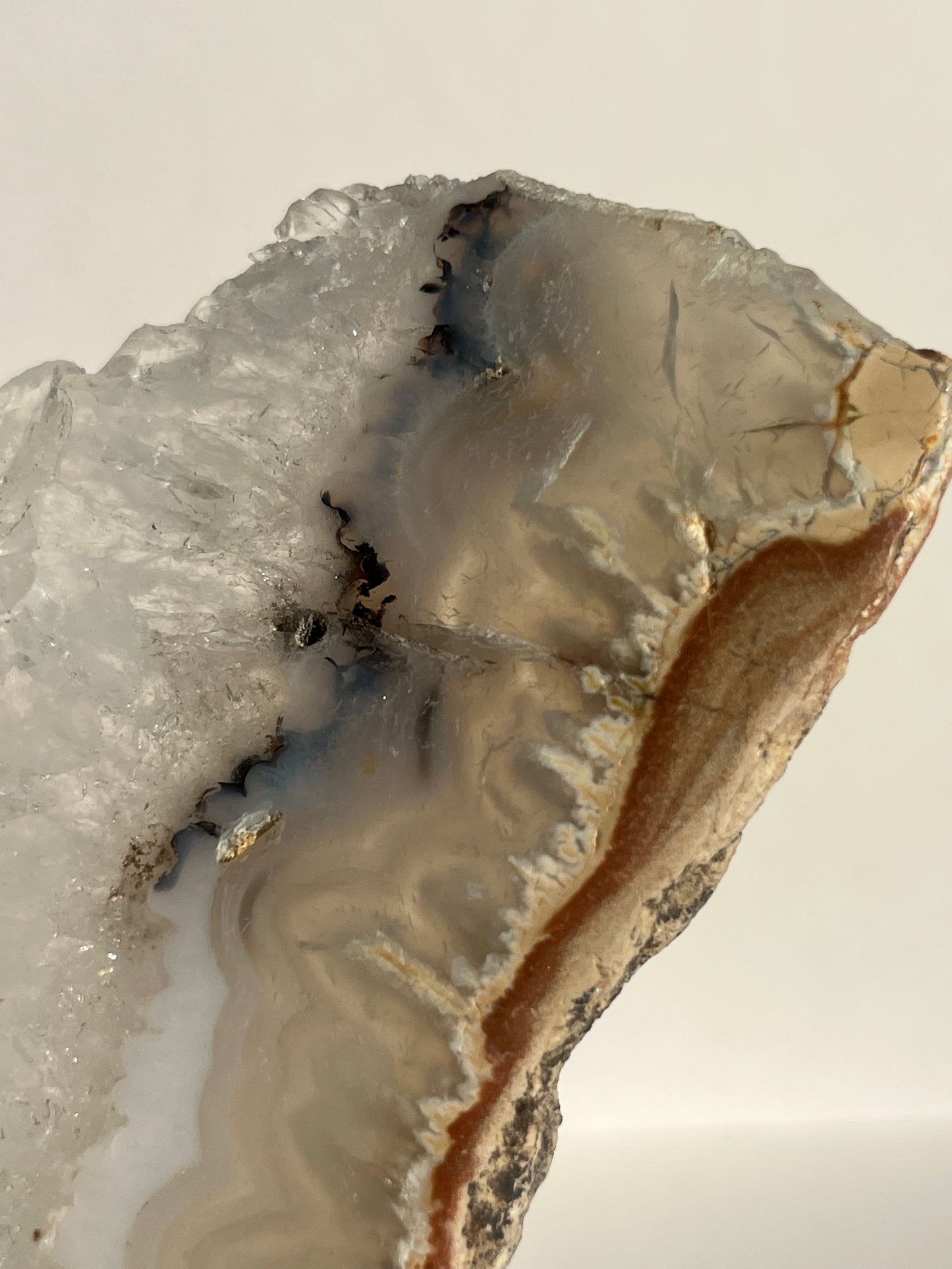 Indonesian Flower Agate with Quartz and Dendritic Inclusions Slab on Stand
