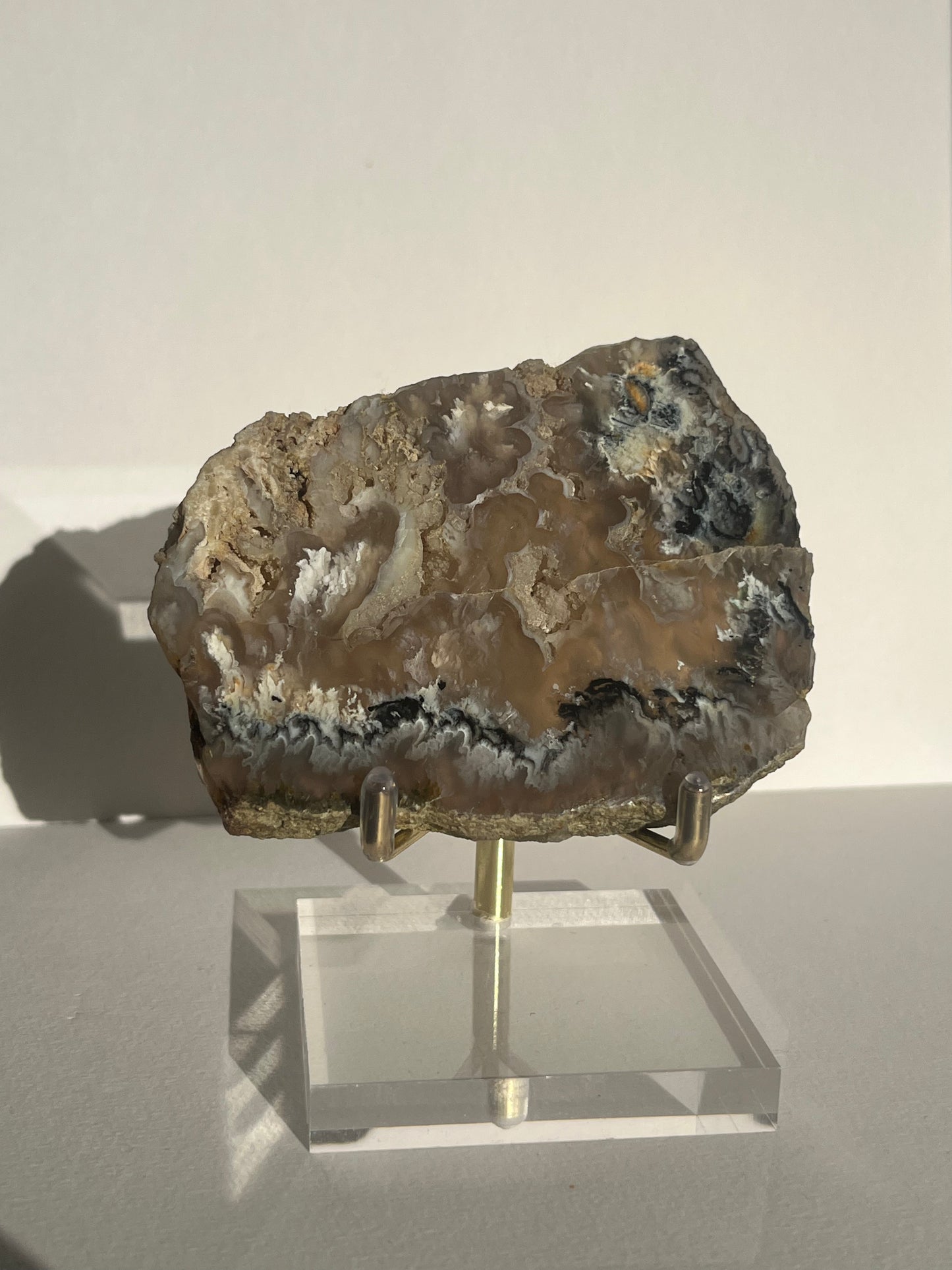Flower Agate Slab with Green Moss & Dendritic Inclusions on Stand B