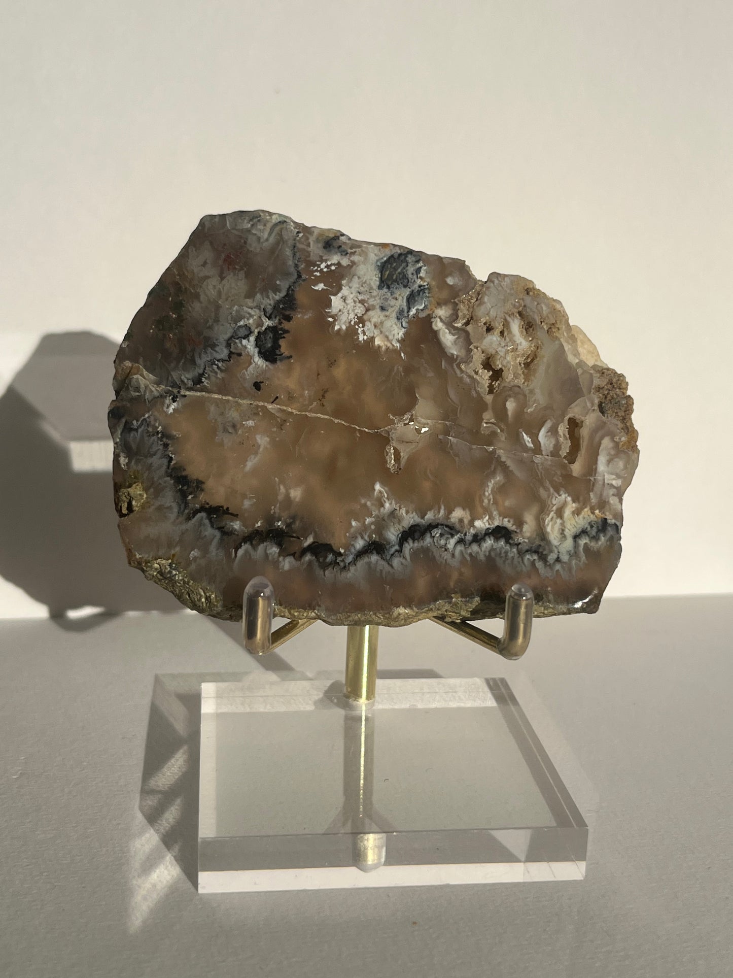 Flower Agate Slab with Green Moss & Dendritic Inclusions on Stand B