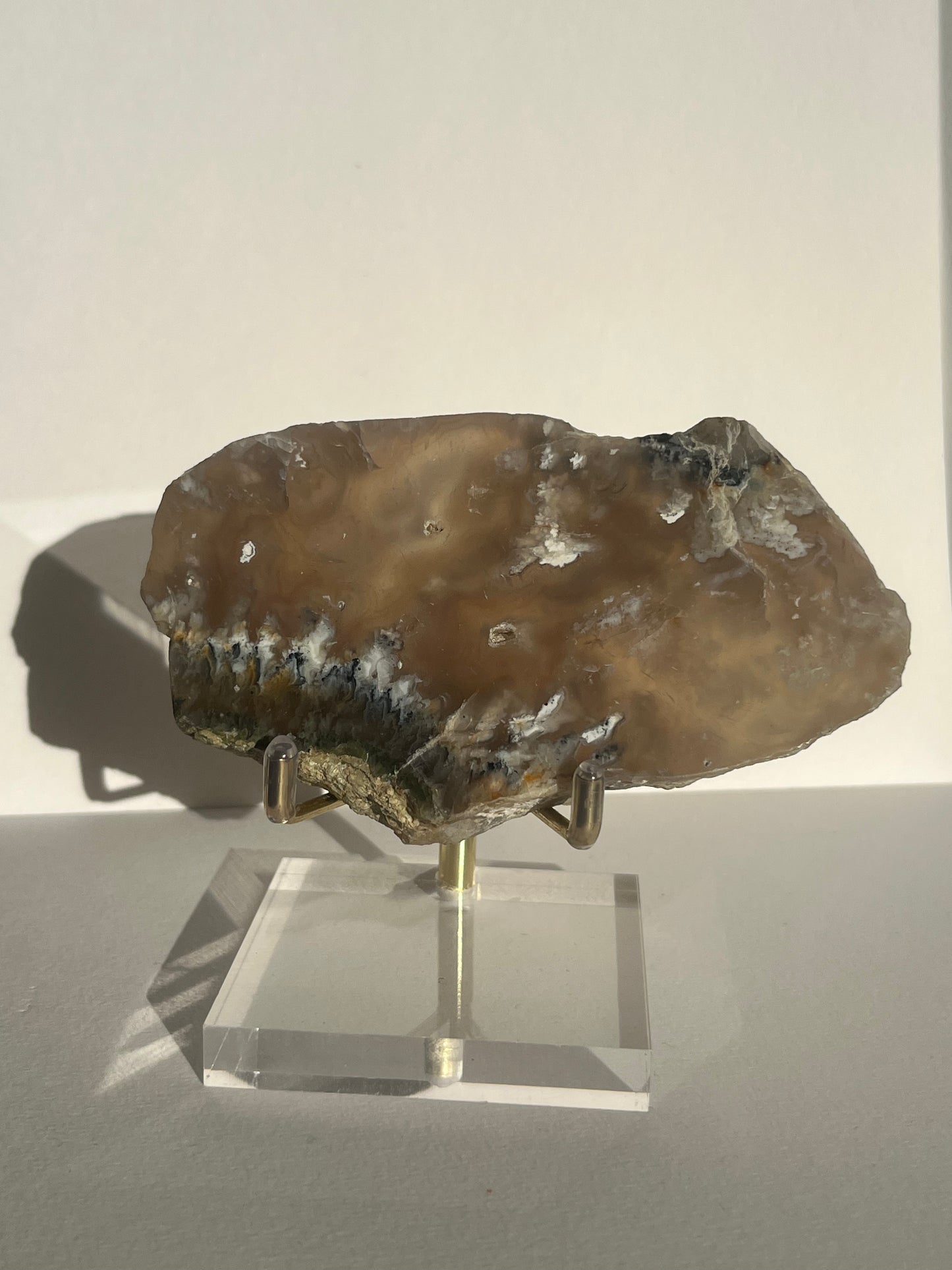 Flower Agate Slab with Green Moss & Dendritic Inclusions on Stand C