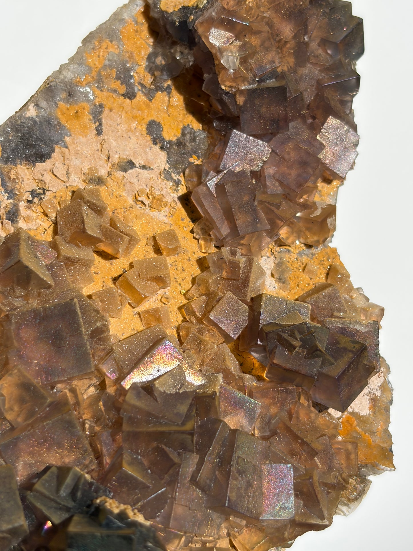 Druzy Coated Iridescent Fluorite Specimen with Calcite D