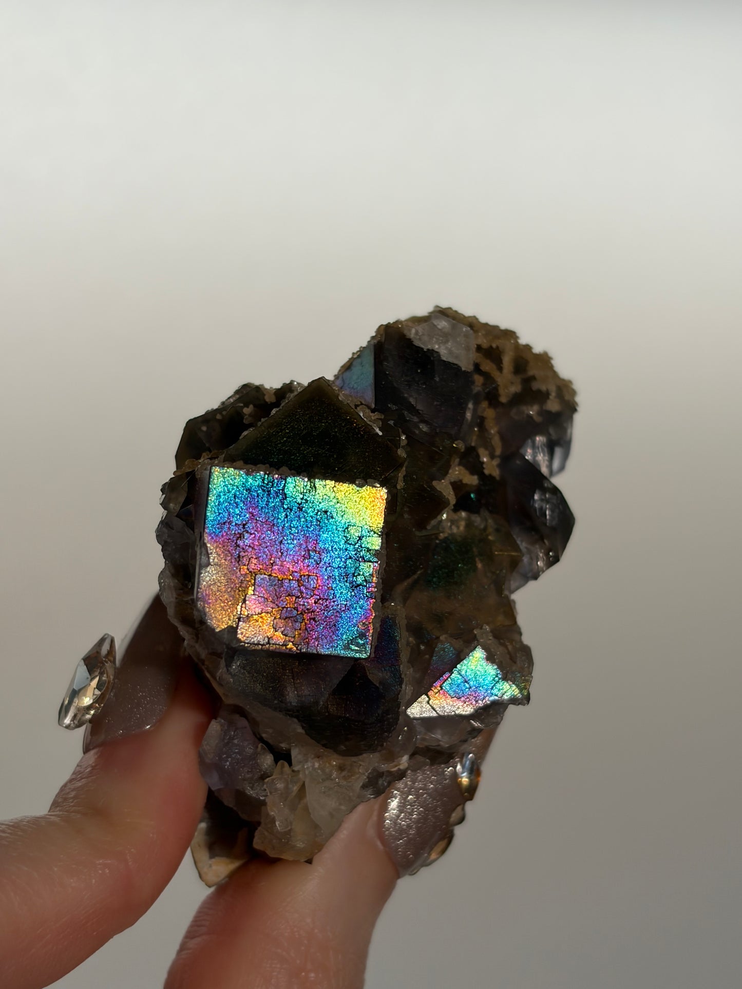 Iridescent Fluorite Specimen with Calcite G
