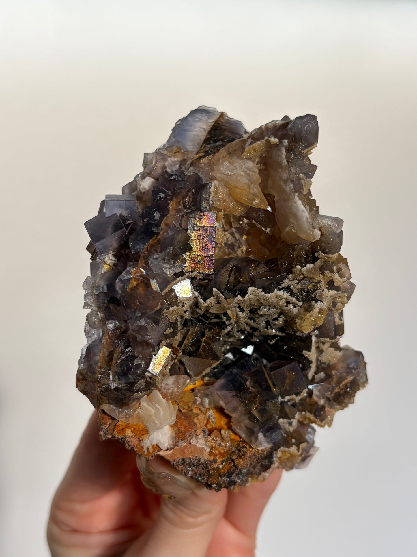 Iridescent Fluorite Specimen with Dog's Tooth Calcite and Winged Selenite A