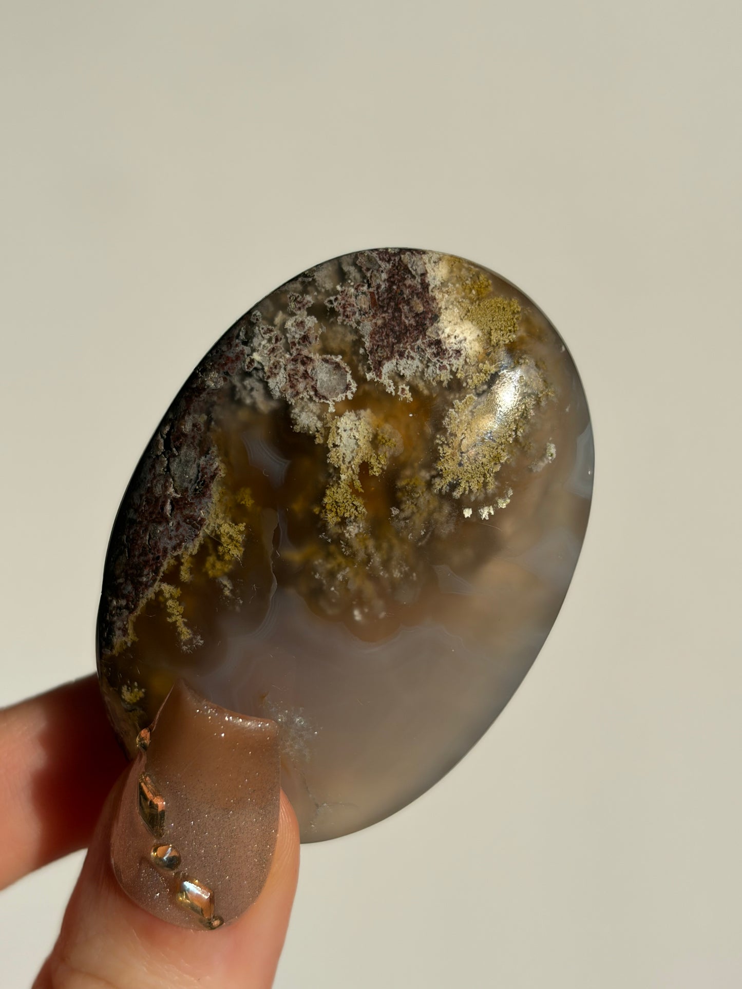 Jelly Orbicular Nebula Agate Palmstone with Green Moss Inclusions B