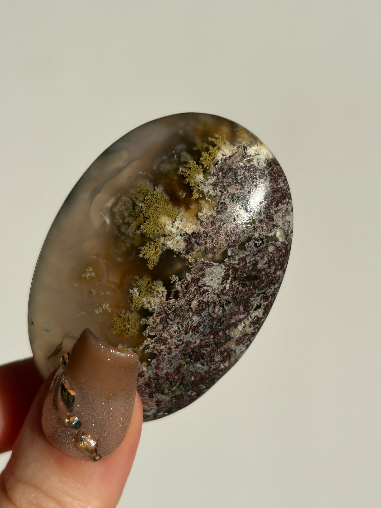 Jelly Orbicular Nebula Agate Palmstone with Green Moss Inclusions B