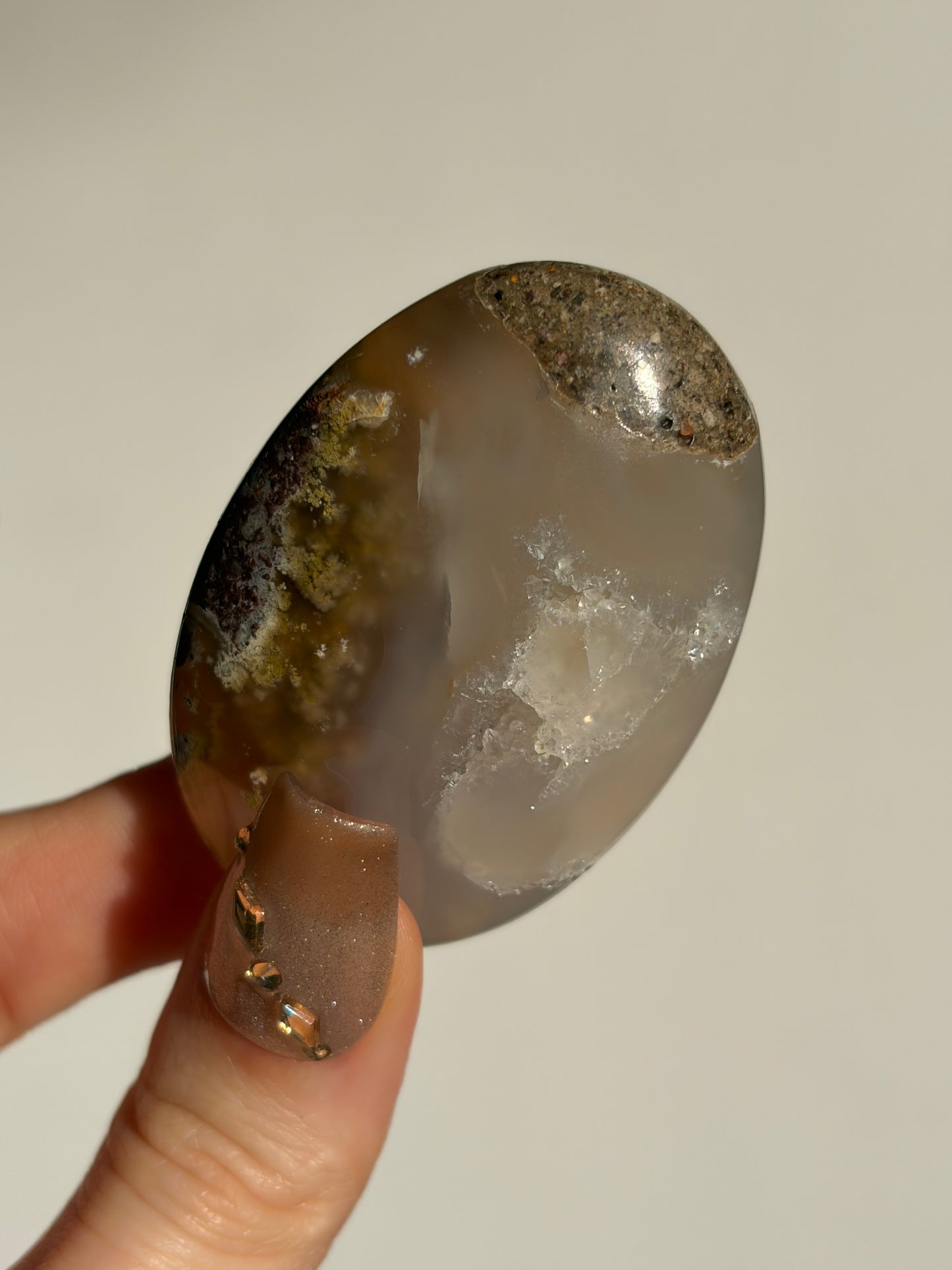 Jelly Orbicular Nebula Agate Palmstone with Green Moss Inclusions C