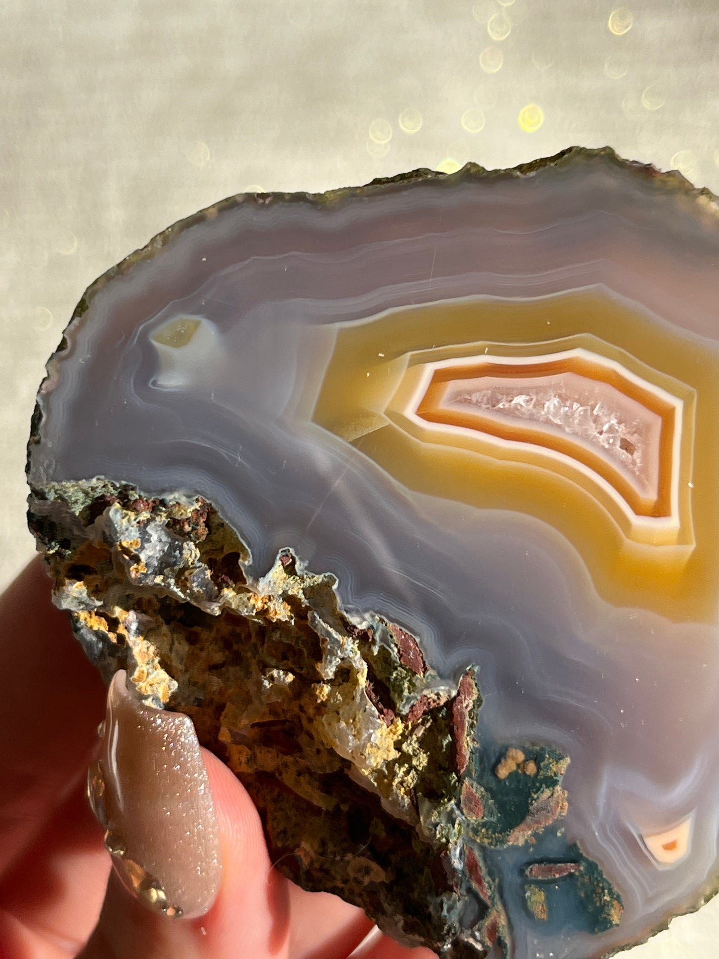 Transparent Mauve and Yellow Laguna Agate with Quartz Geode #A