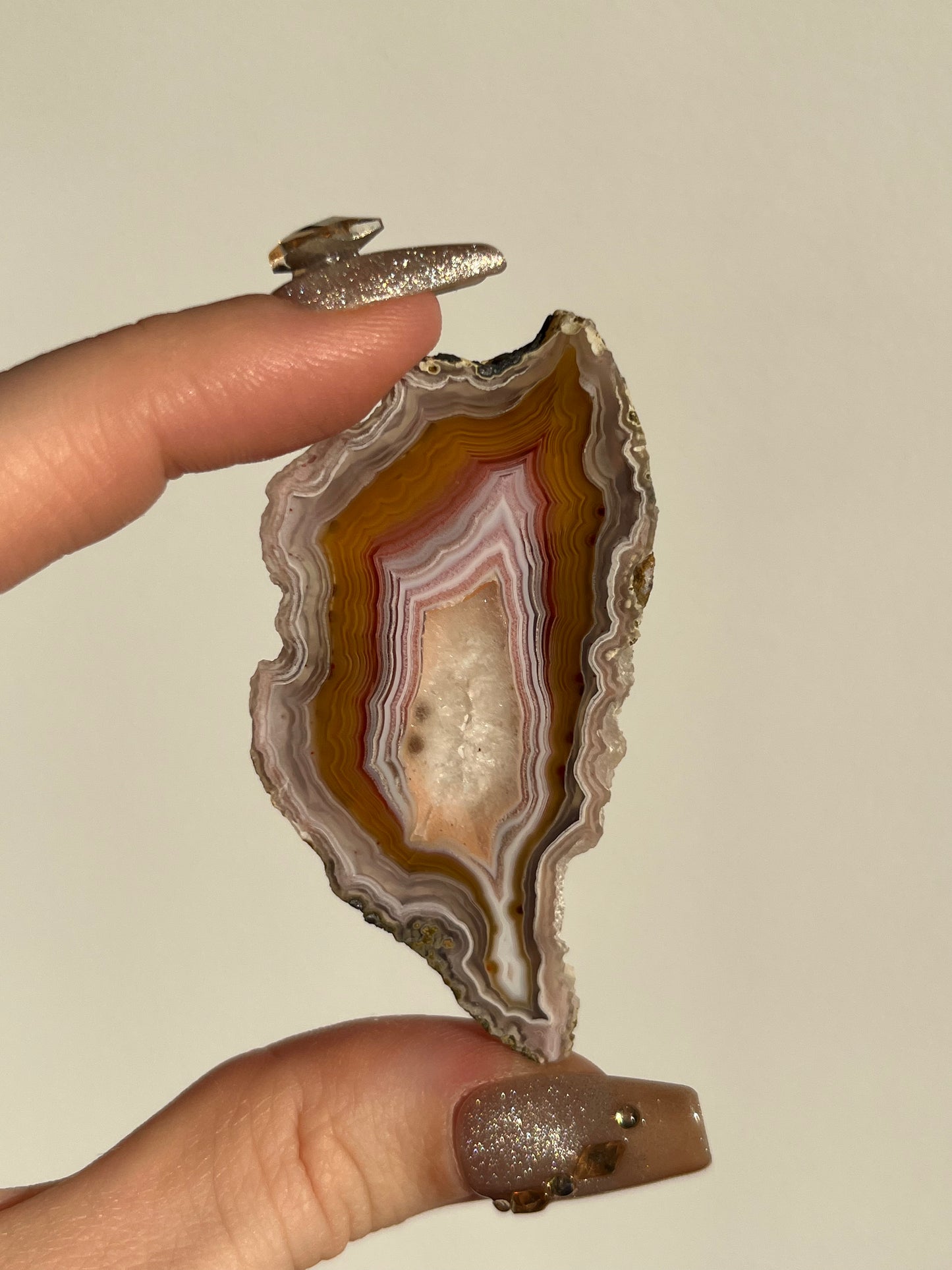 ‘Gina’ Orange-Pink Laguna Agate with Quartz Semi Polished Slice w/ exceptional Parallax G