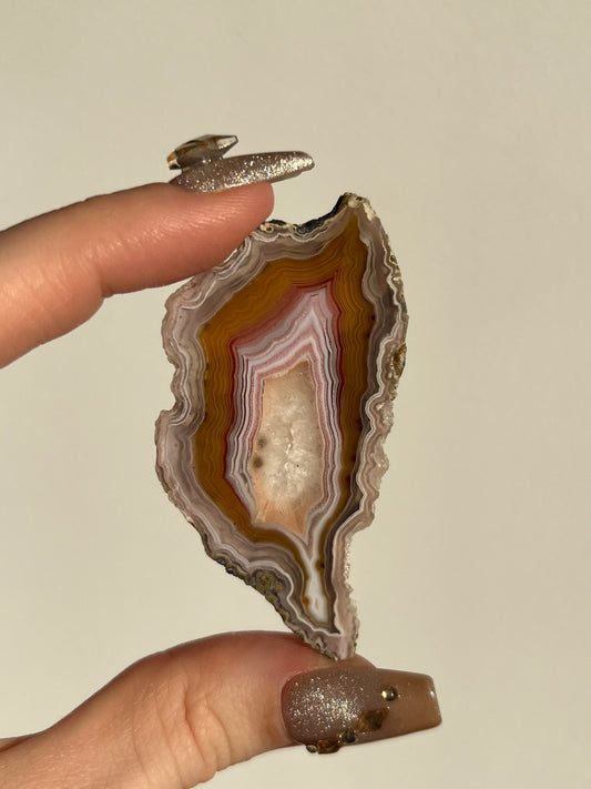 ‘Gina’ Orange-Pink Laguna Agate with Quartz Semi Polished Slice w/ exceptional Parallax G
