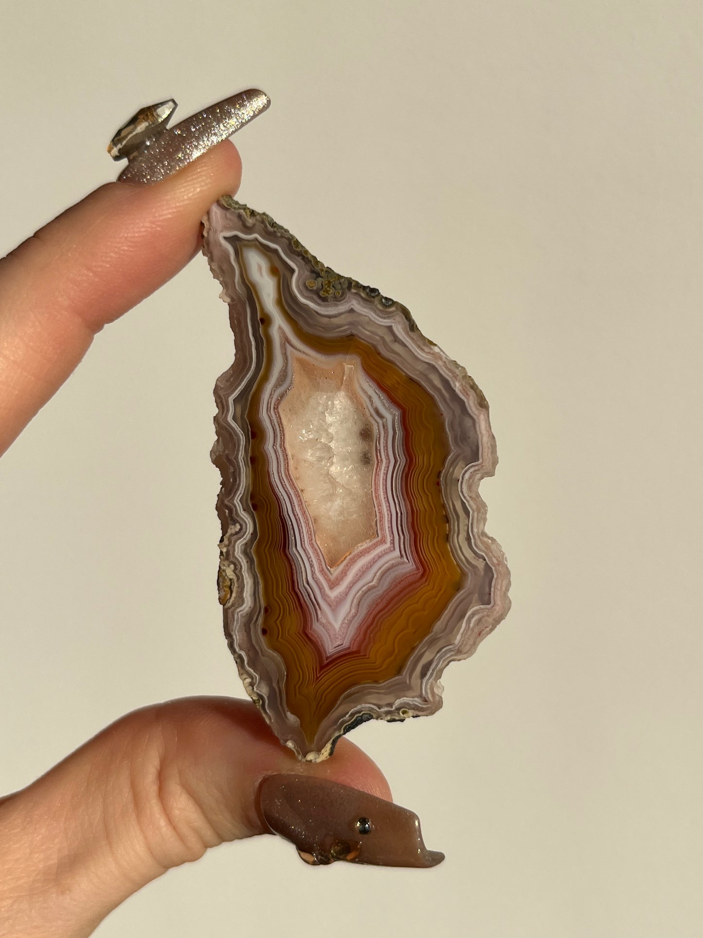 ‘Gina’ Orange-Pink Laguna Agate with Quartz Semi Polished Slice w/ exceptional Parallax G
