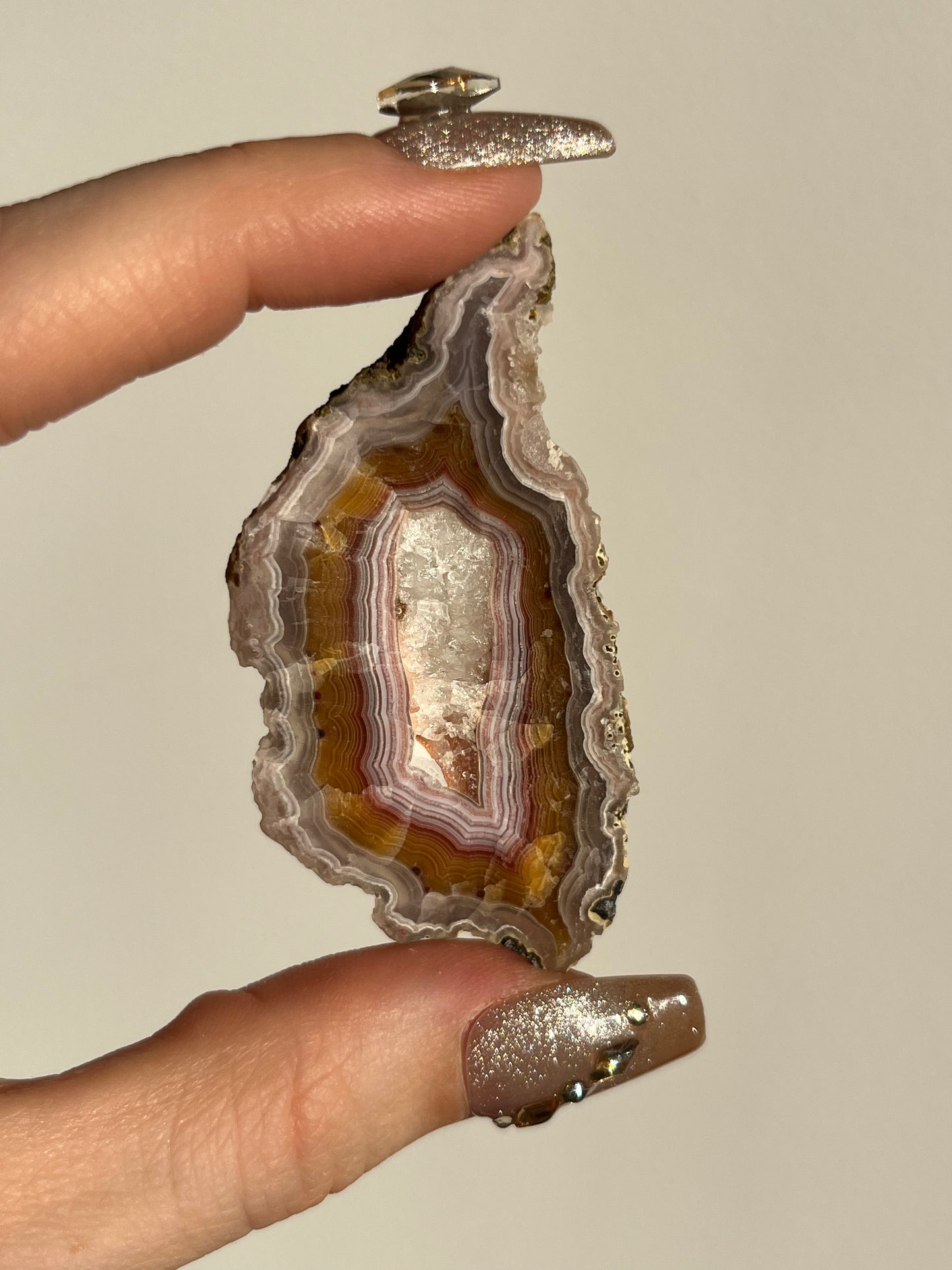 ‘Gina’ Orange-Pink Laguna Agate with Quartz Semi Polished Slice w/ exceptional Parallax G