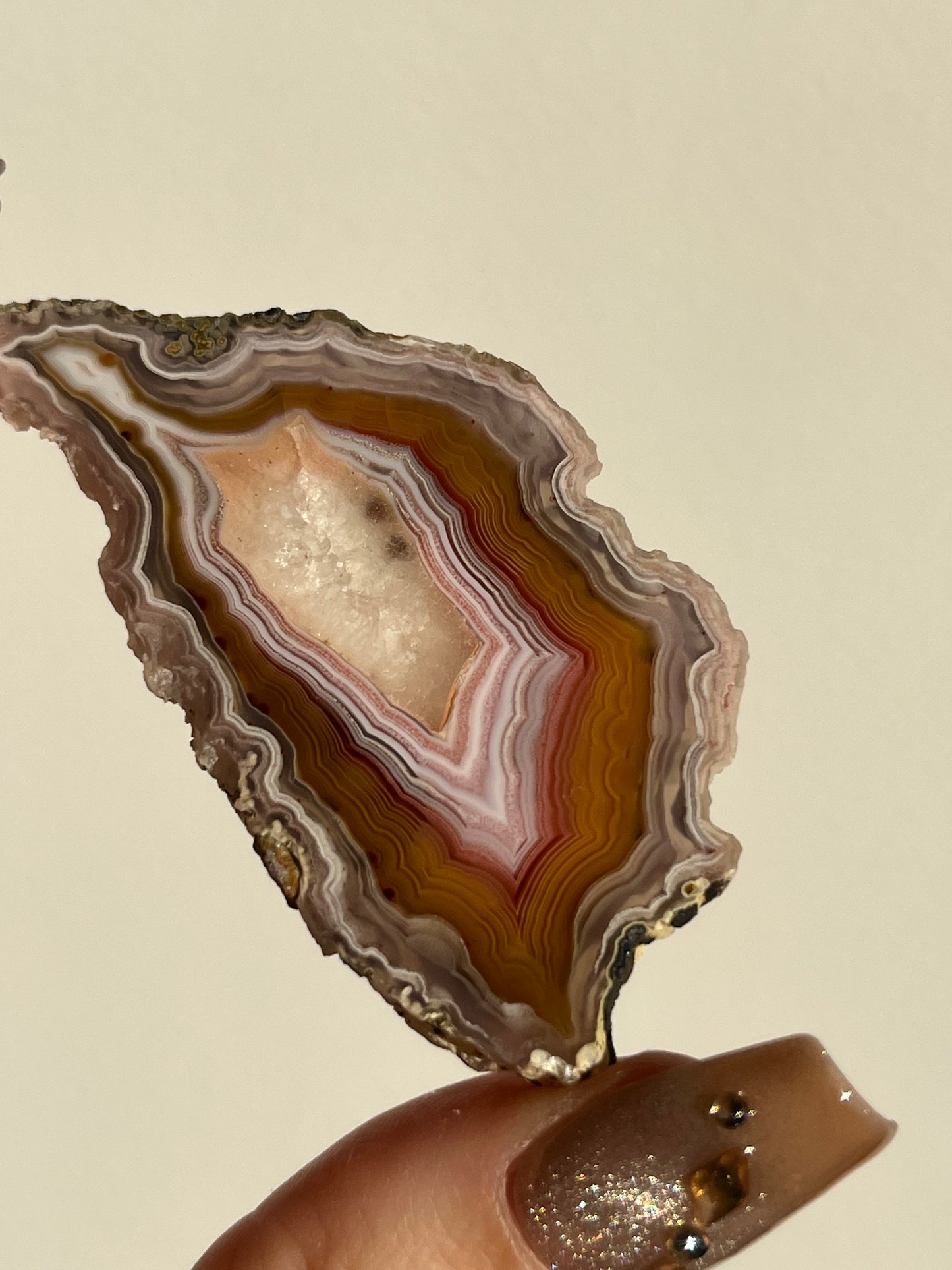 ‘Gina’ Orange-Pink Laguna Agate with Quartz Semi Polished Slice w/ exceptional Parallax G