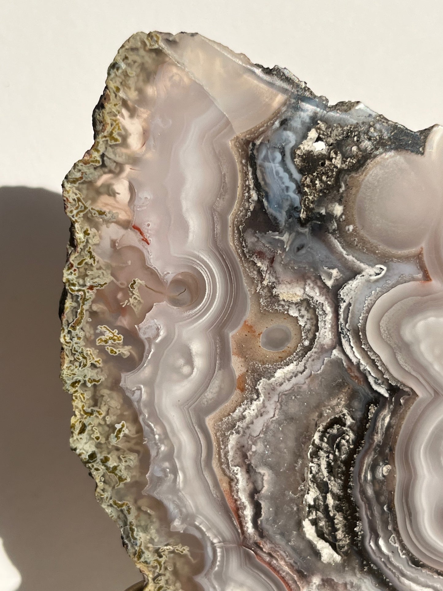 “Lemurian Garden” Lilac Agua Nueva Agate with Green Moss Inclusions and Parallax Effect Butterfly Pair on Stand