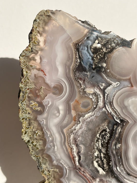 “Lemurian Garden” Lilac Agua Nueva Agate with Green Moss Inclusions and Parallax Effect Butterfly Pair on Stand