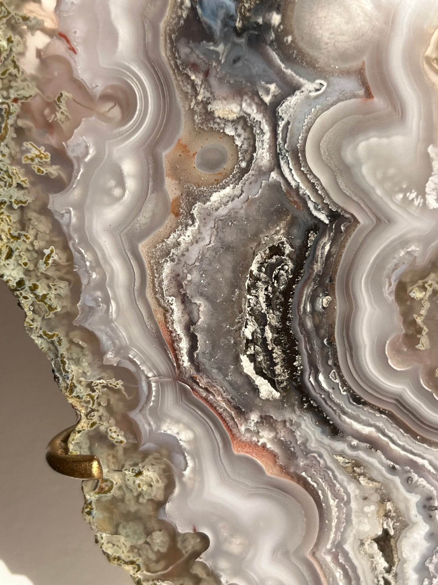 “Lemurian Garden” Lilac Agua Nueva Agate with Green Moss Inclusions and Parallax Effect Butterfly Pair on Stand