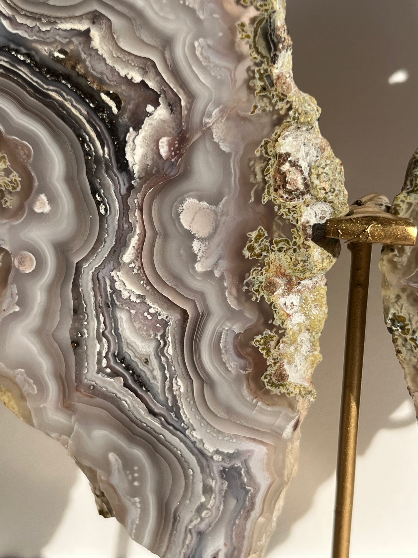 “Lemurian Garden” Lilac Agua Nueva Agate with Green Moss Inclusions and Parallax Effect Butterfly Pair on Stand