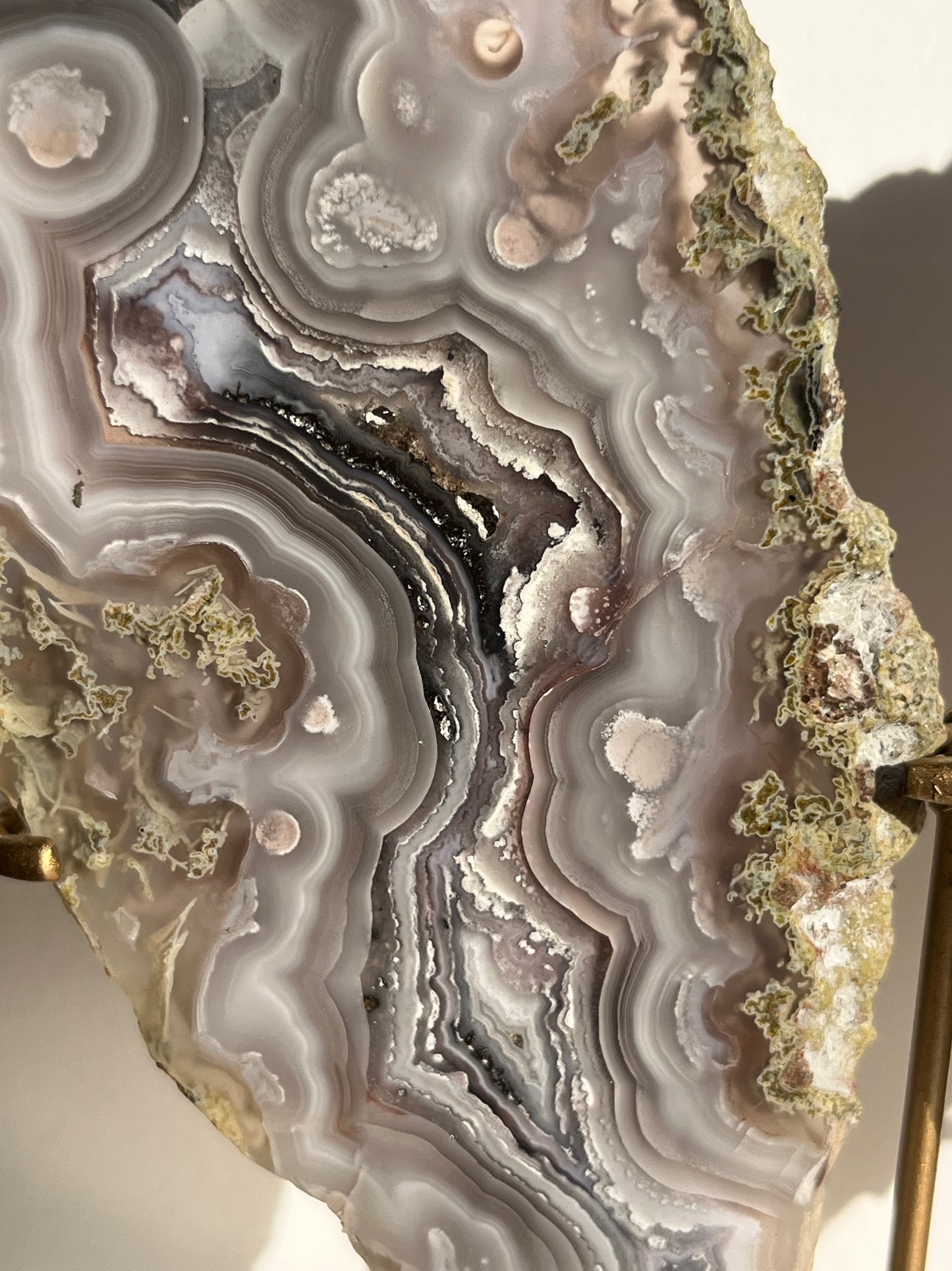 “Lemurian Garden” Lilac Agua Nueva Agate with Green Moss Inclusions and Parallax Effect Butterfly Pair on Stand