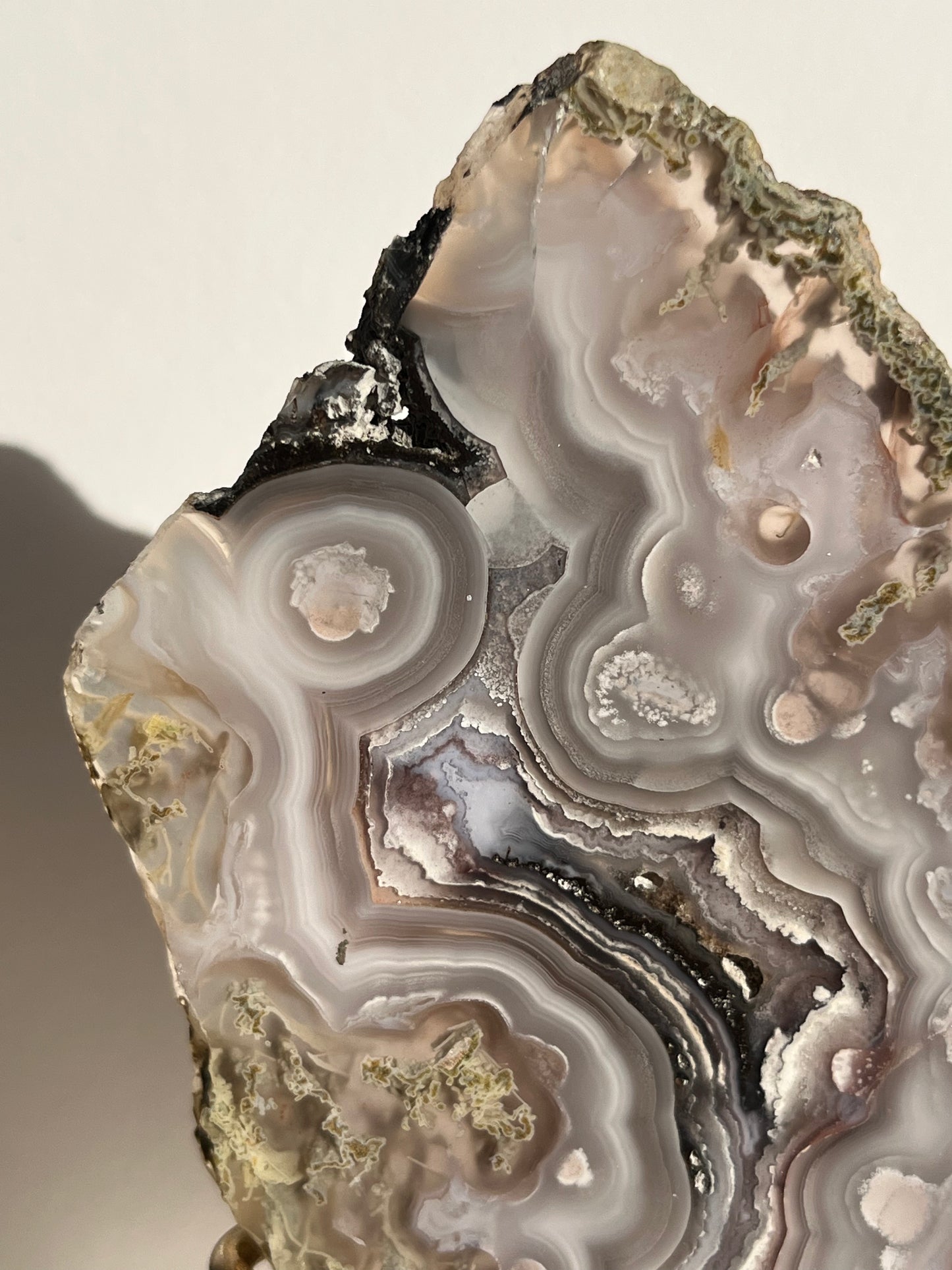 “Lemurian Garden” Lilac Agua Nueva Agate with Green Moss Inclusions and Parallax Effect Butterfly Pair on Stand