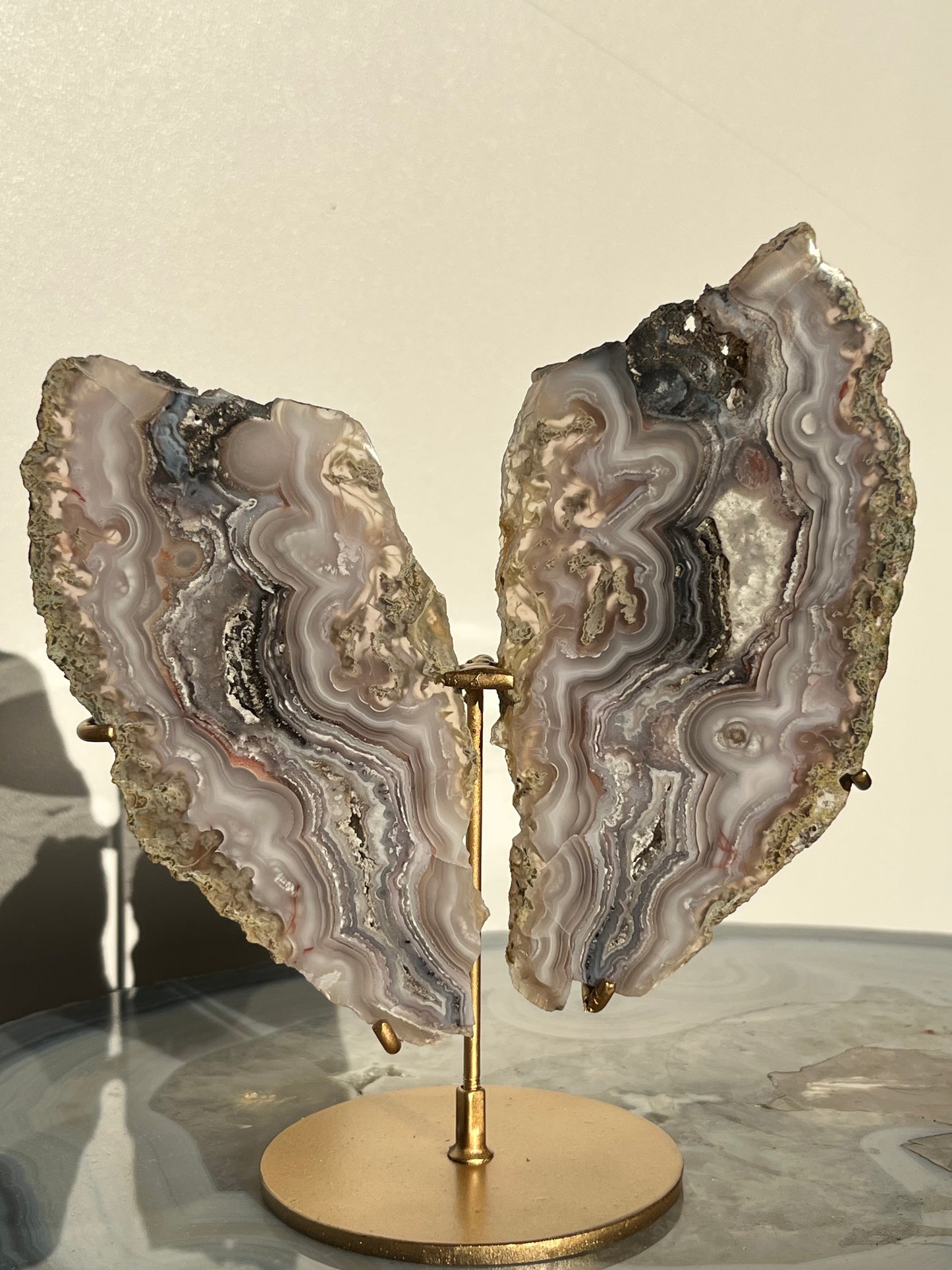 “Lemurian Garden” Lilac Agua Nueva Agate with Green Moss Inclusions and Parallax Effect Butterfly Pair on Stand