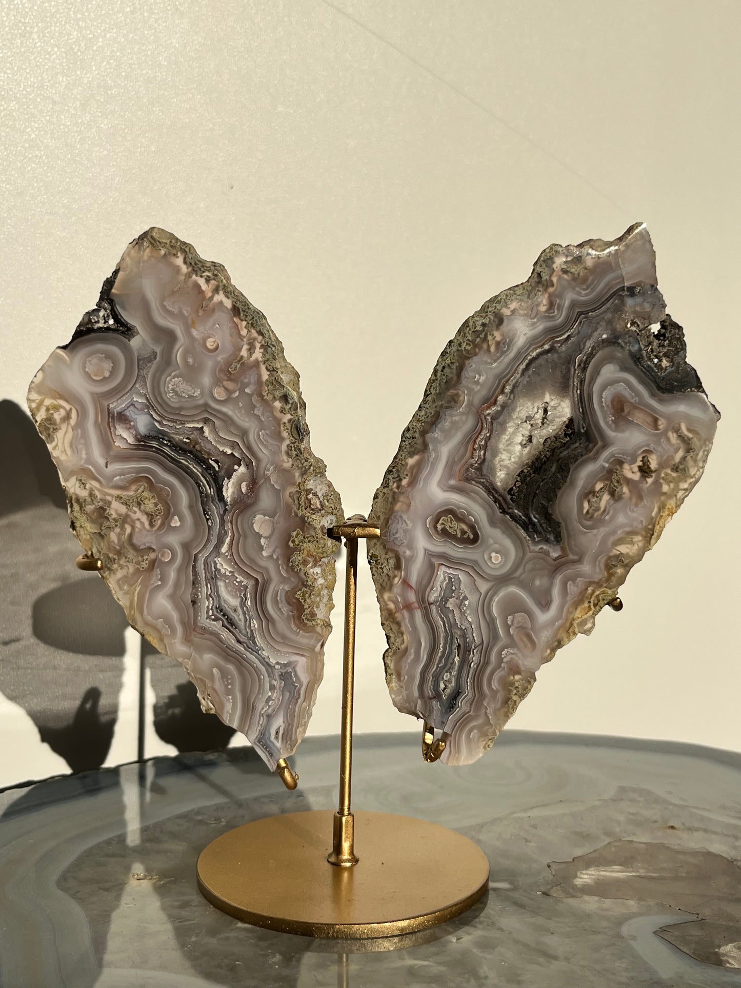 “Lemurian Garden” Lilac Agua Nueva Agate with Green Moss Inclusions and Parallax Effect Butterfly Pair on Stand