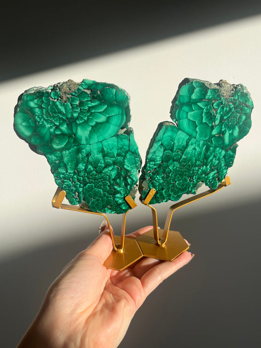 Malachite Butterfly Slab Pair on Custom Gold Stand B