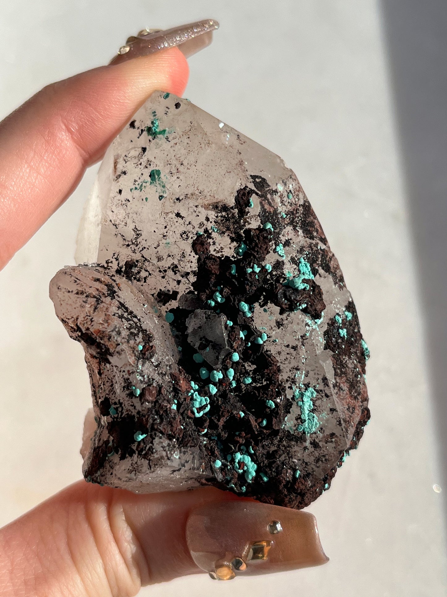 Botryoidal Chrysocolla on Hematite Coated Quartz w/Extensive Dendritic Inclusions #B