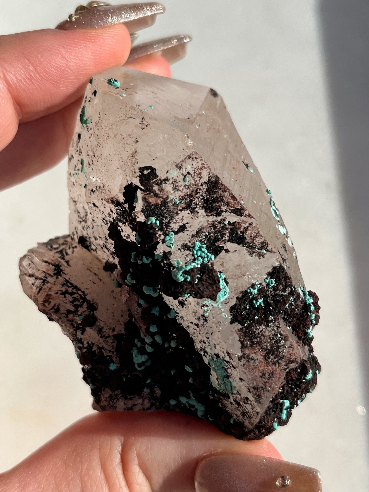 Botryoidal Chrysocolla on Hematite Coated Quartz w/Extensive Dendritic Inclusions #B