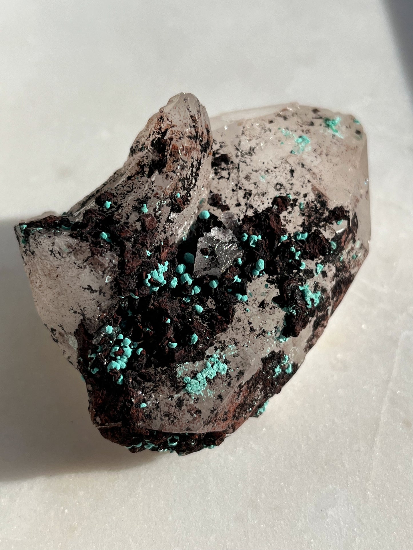 Botryoidal Chrysocolla on Hematite Coated Quartz w/Extensive Dendritic Inclusions #B