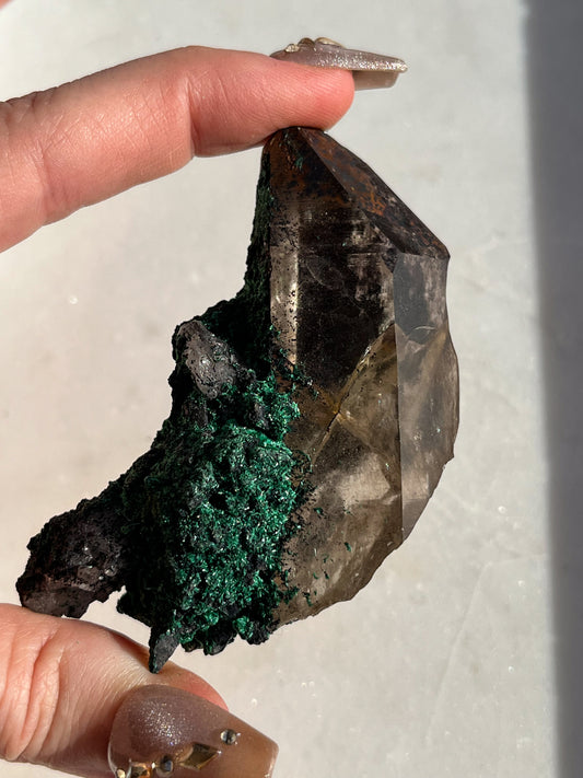 Malachite on Hematite Coated Smokey Quartz #H