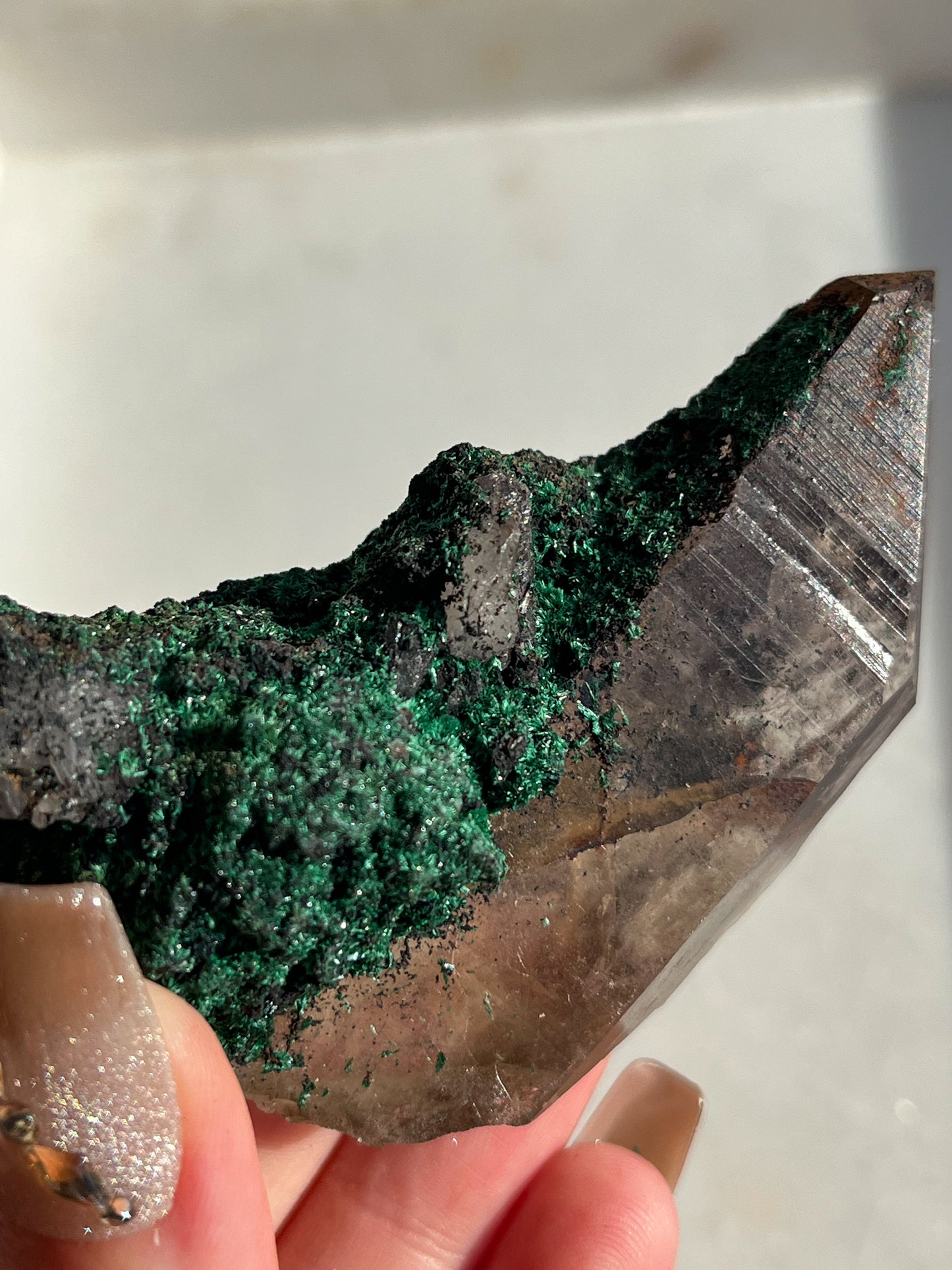 Malachite on Hematite Coated Smokey Quartz #H