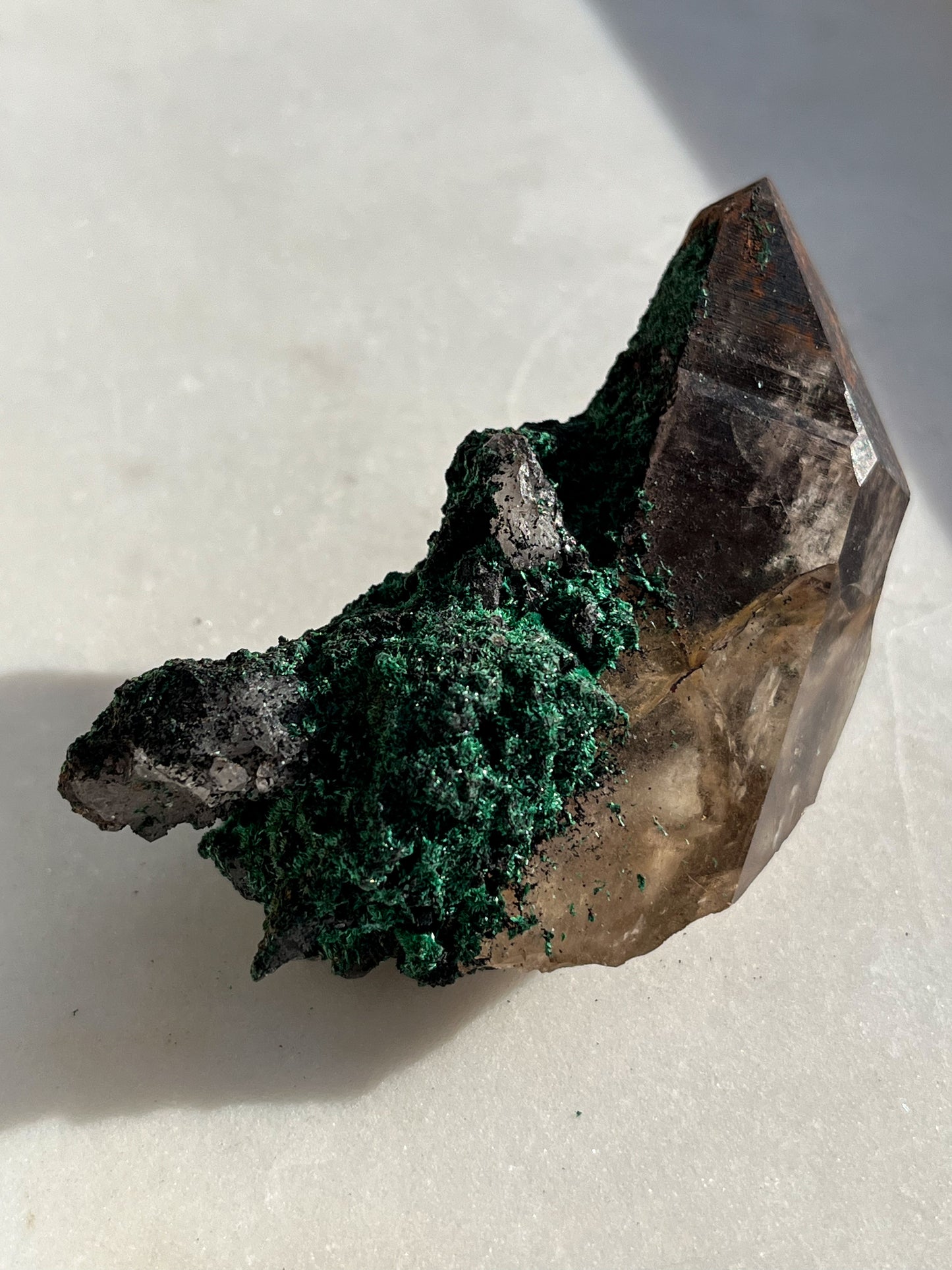 Malachite on Hematite Coated Smokey Quartz #H