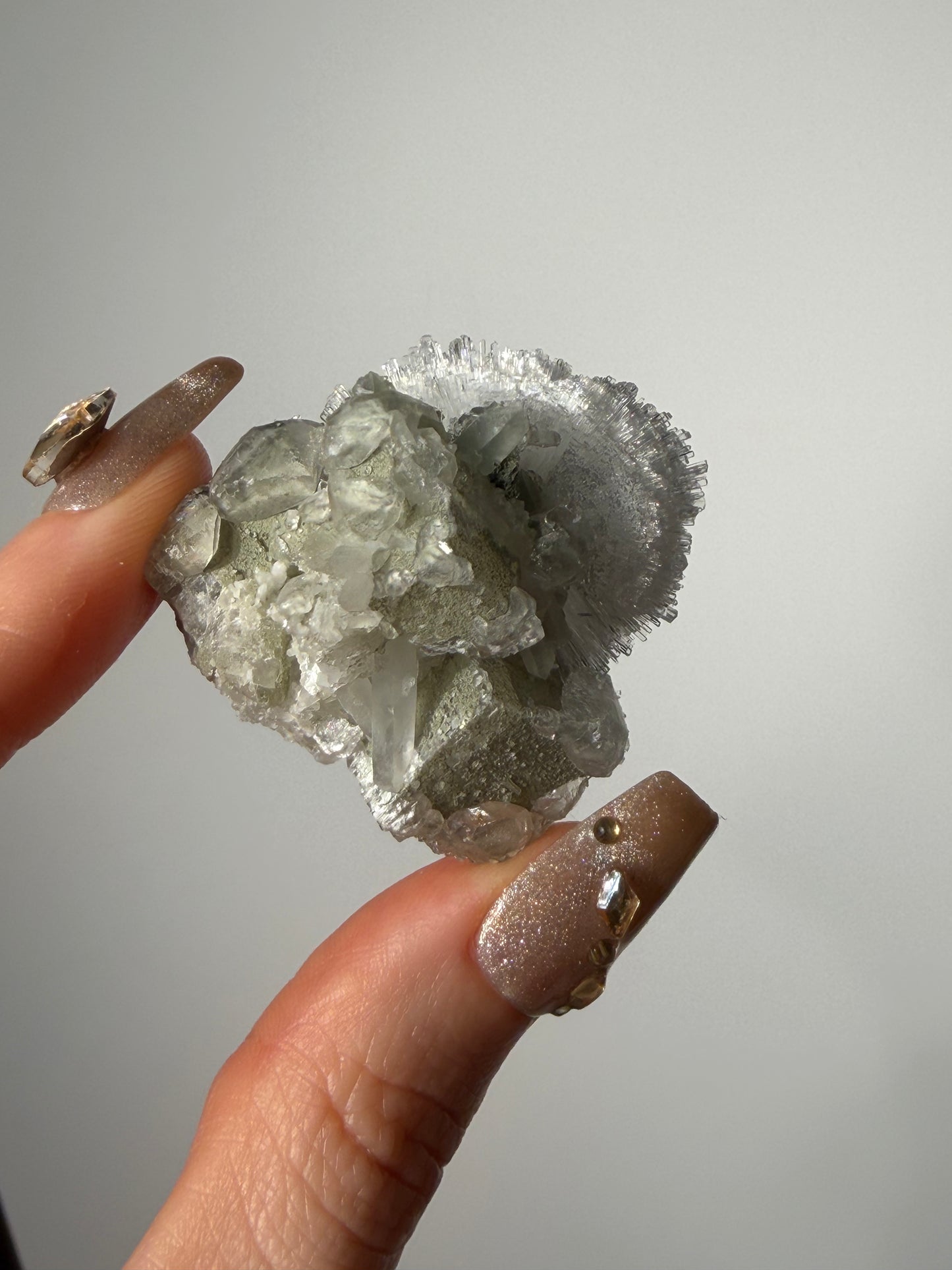 Natrolite Specimen with Quartz and Apophyllite Coated Rhombohedral Calcite F
