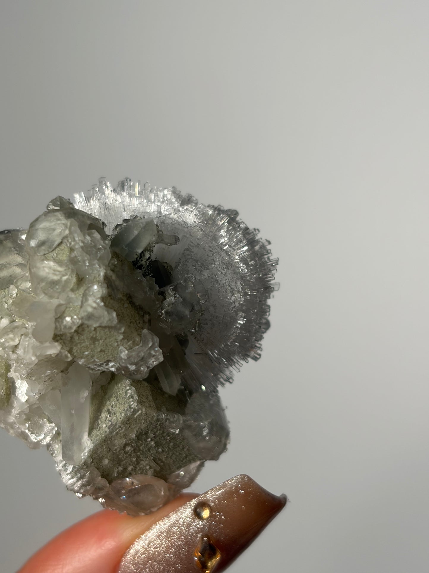 Natrolite Specimen with Quartz and Apophyllite Coated Rhombohedral Calcite F