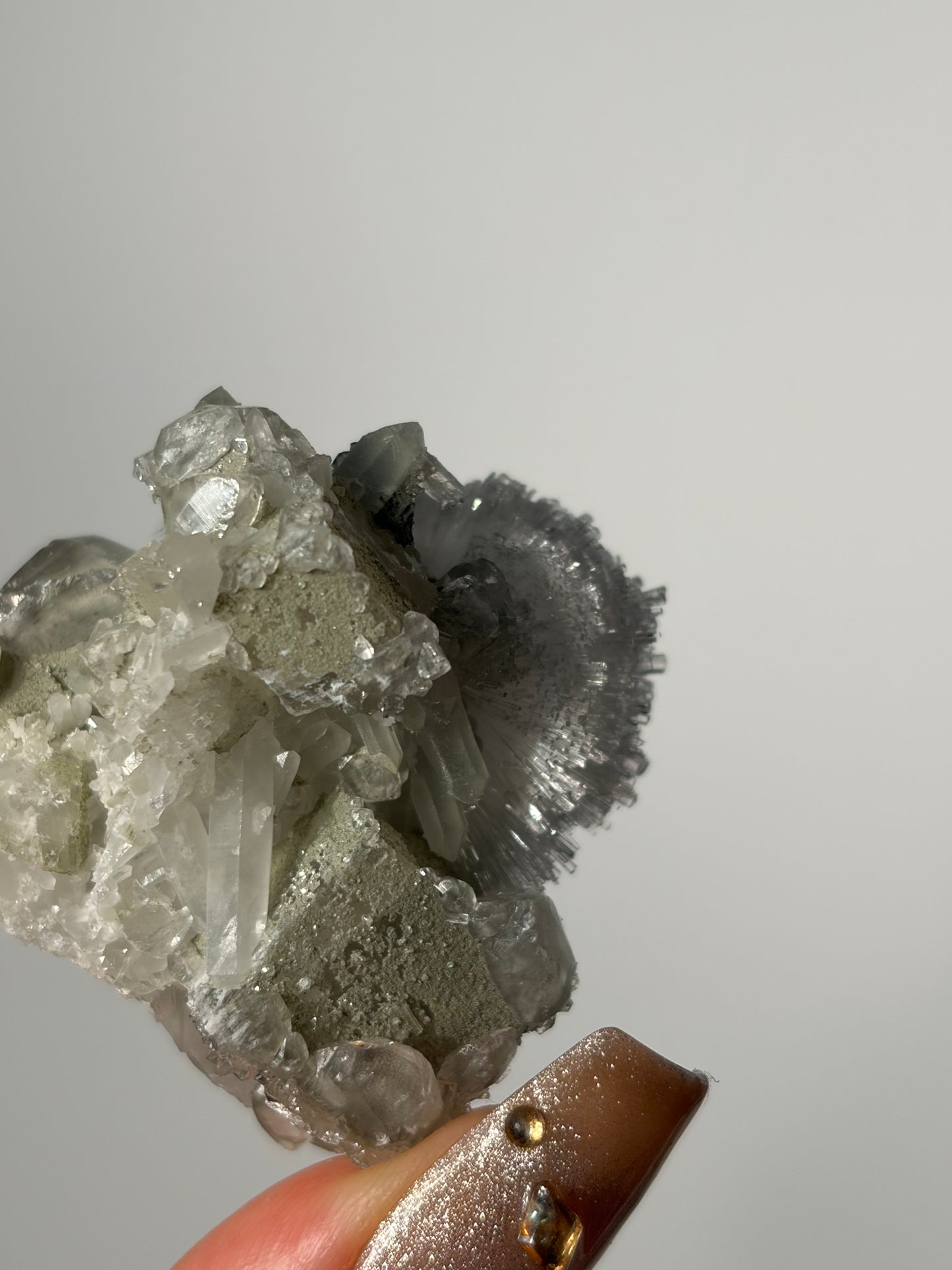 Natrolite Specimen with Quartz and Apophyllite Coated Rhombohedral Calcite F