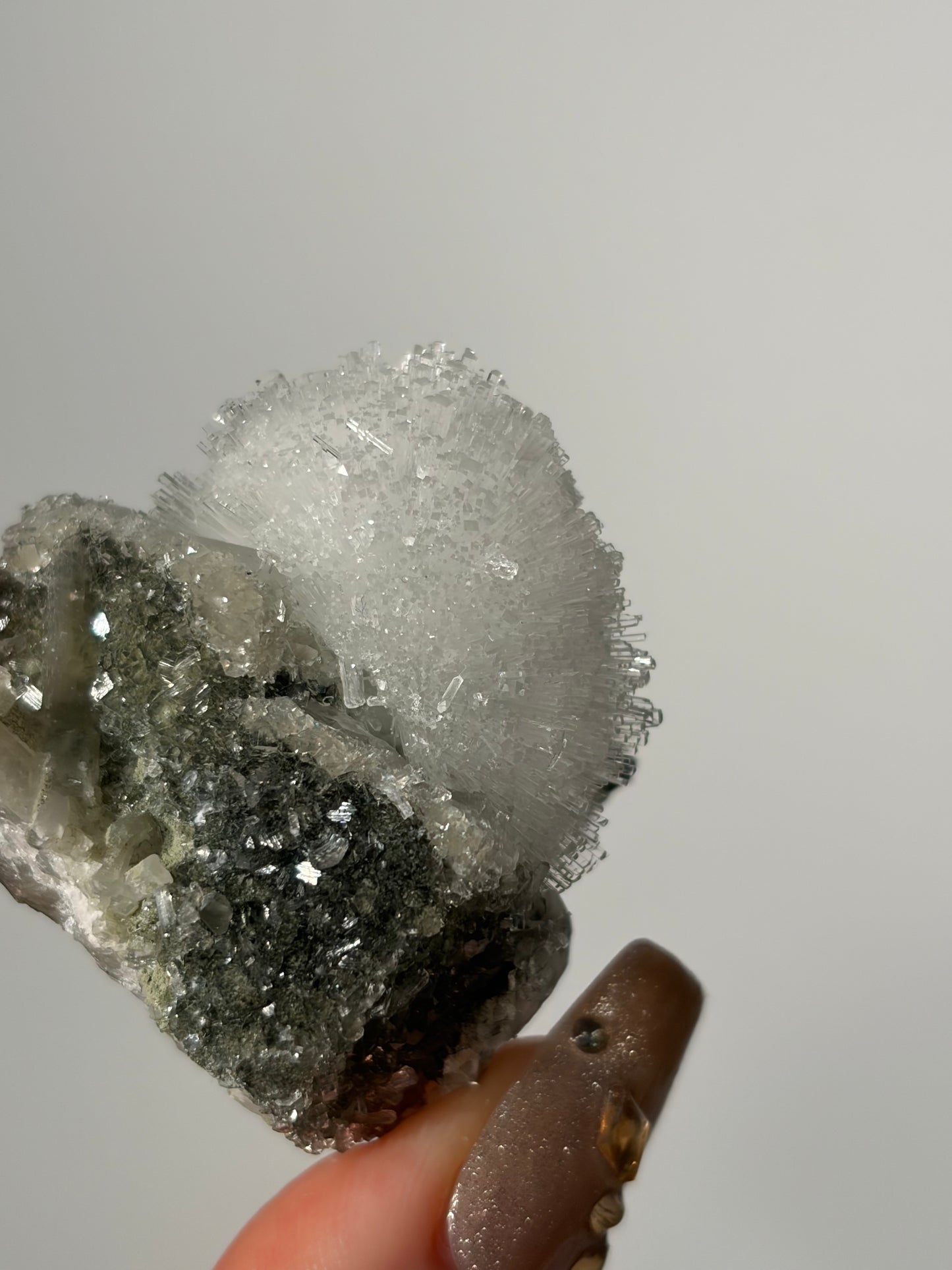 Natrolite Specimen with Quartz and Apophyllite Coated Rhombohedral Calcite F