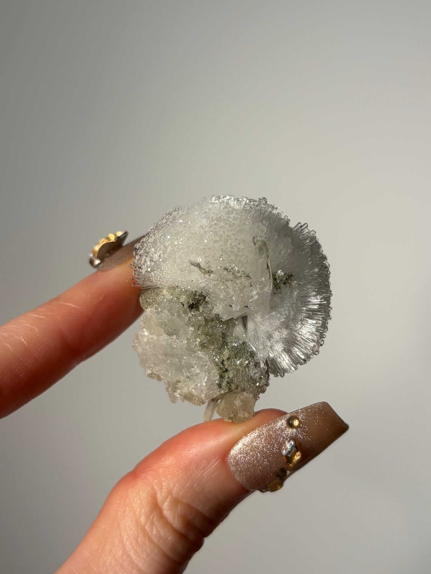 Natrolite Specimen with Quartz and Apophyllite Coated Rhombohedral Calcite G