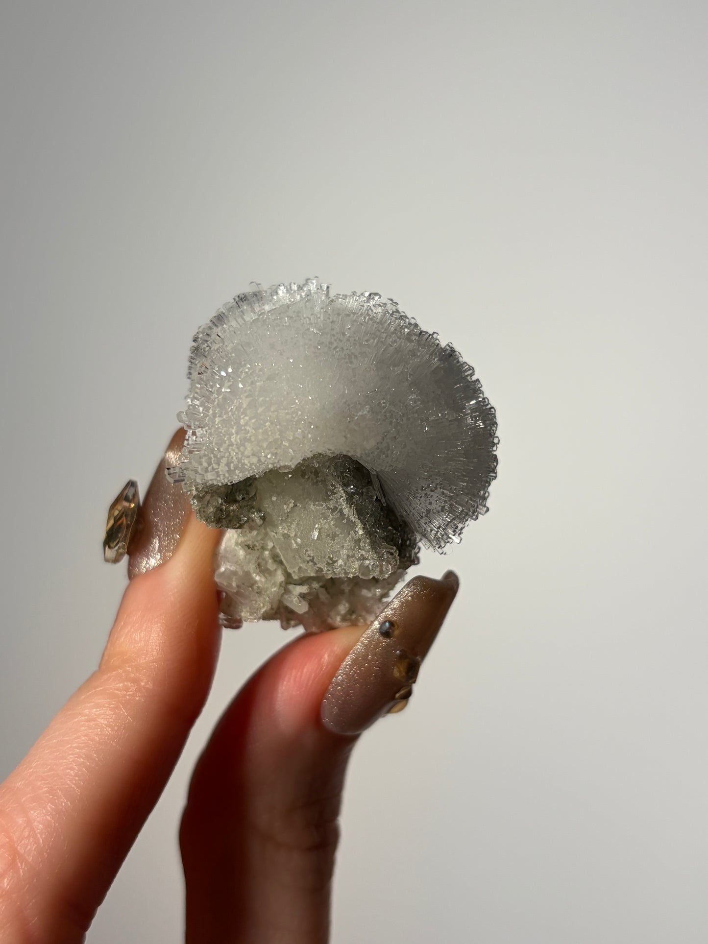 Natrolite Specimen with Quartz and Apophyllite Coated Rhombohedral Calcite G