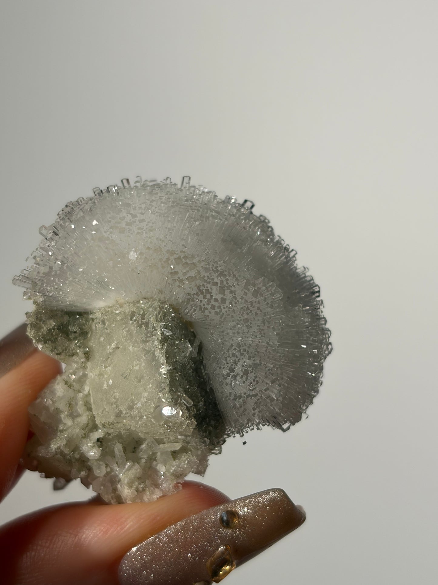 Natrolite Specimen with Quartz and Apophyllite Coated Rhombohedral Calcite G
