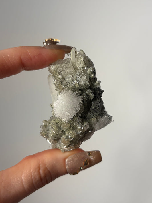 Bowtie Natrolite Specimen with Quartz and Apophyllite Coated Rhombohedral Calcite K