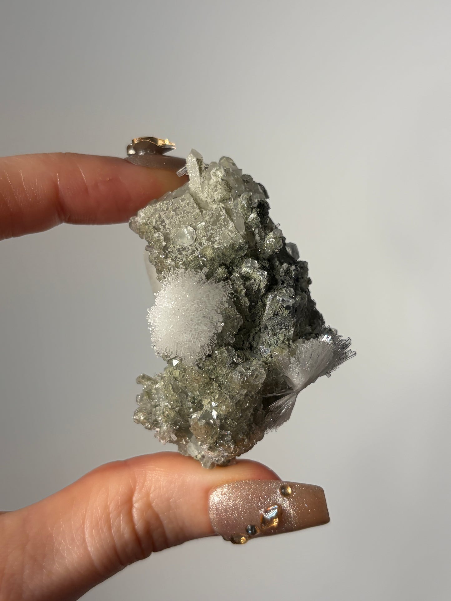 Bowtie Natrolite Specimen with Quartz and Apophyllite Coated Rhombohedral Calcite K