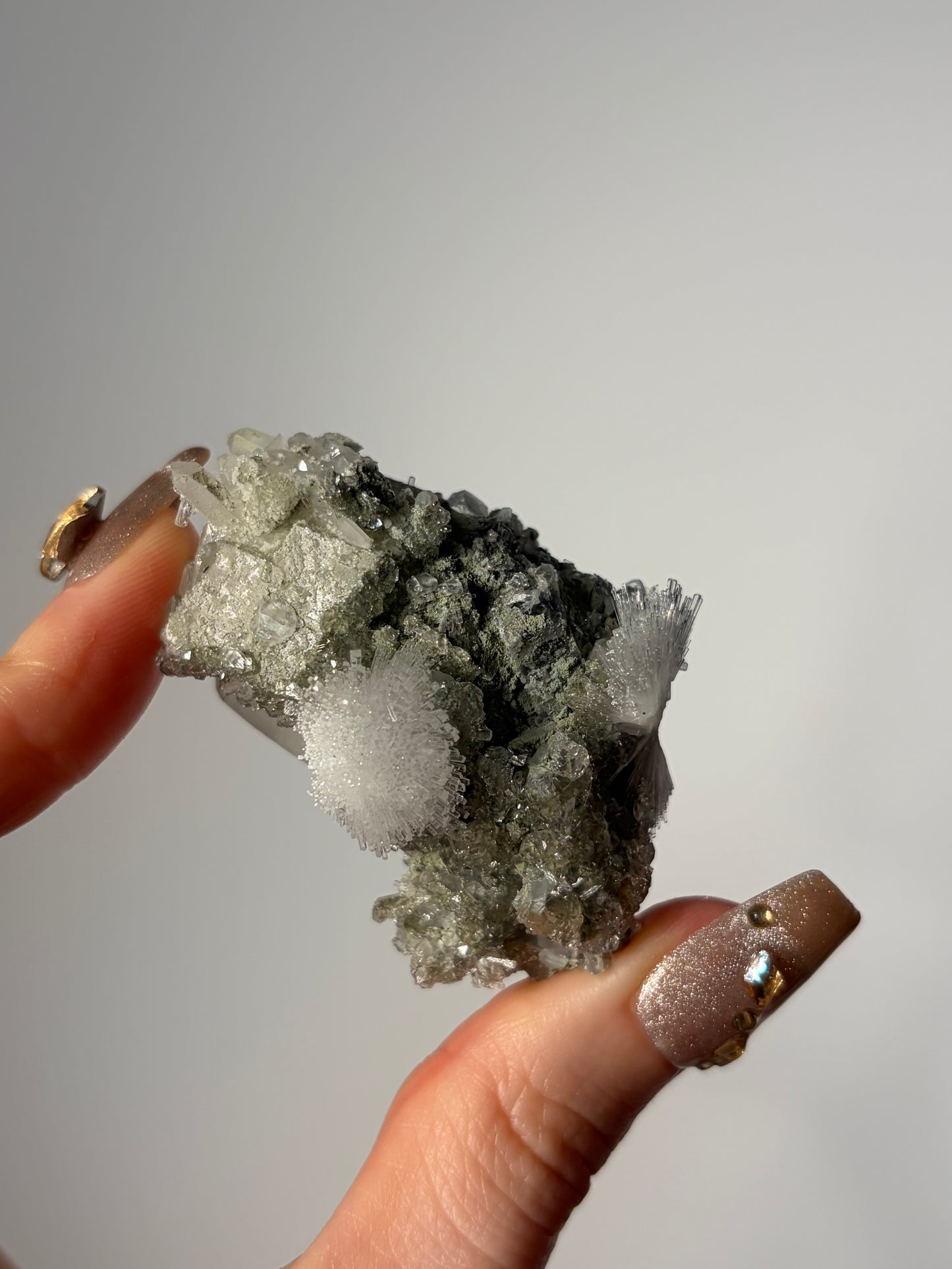 Bowtie Natrolite Specimen with Quartz and Apophyllite Coated Rhombohedral Calcite K