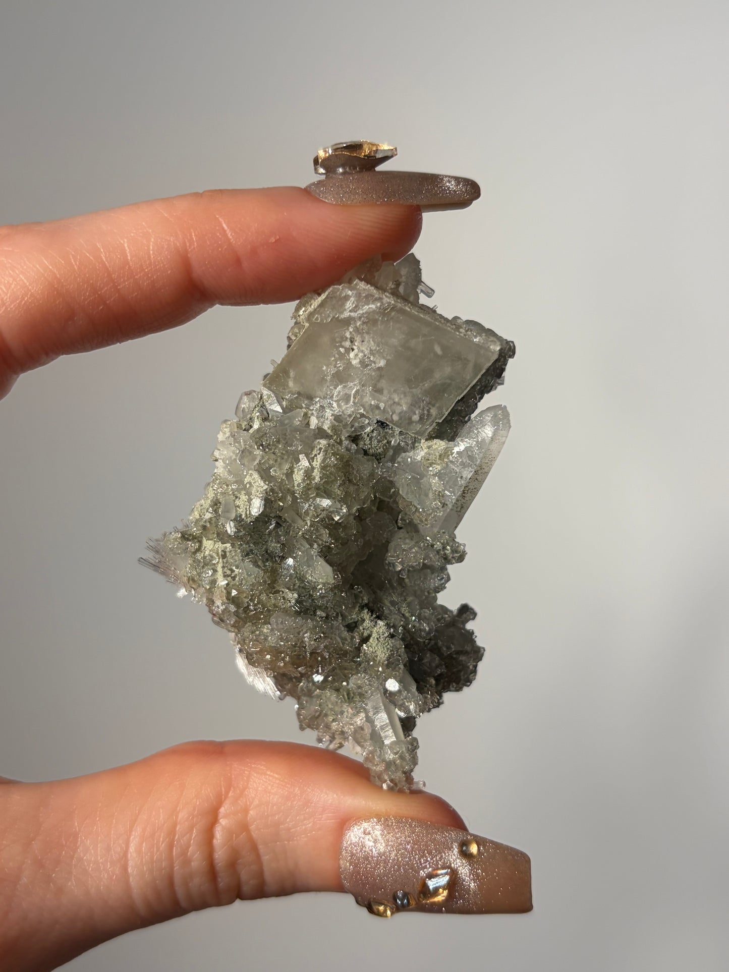 Bowtie Natrolite Specimen with Quartz and Apophyllite Coated Rhombohedral Calcite K