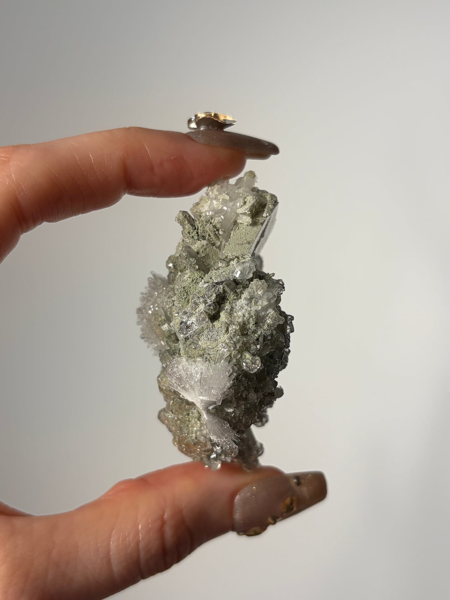 Bowtie Natrolite Specimen with Quartz and Apophyllite Coated Rhombohedral Calcite K