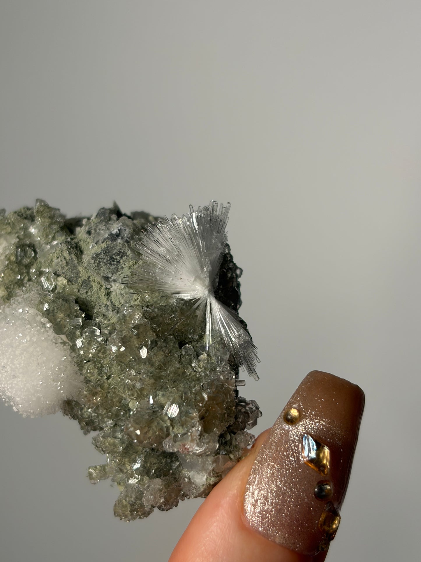 Bowtie Natrolite Specimen with Quartz and Apophyllite Coated Rhombohedral Calcite K
