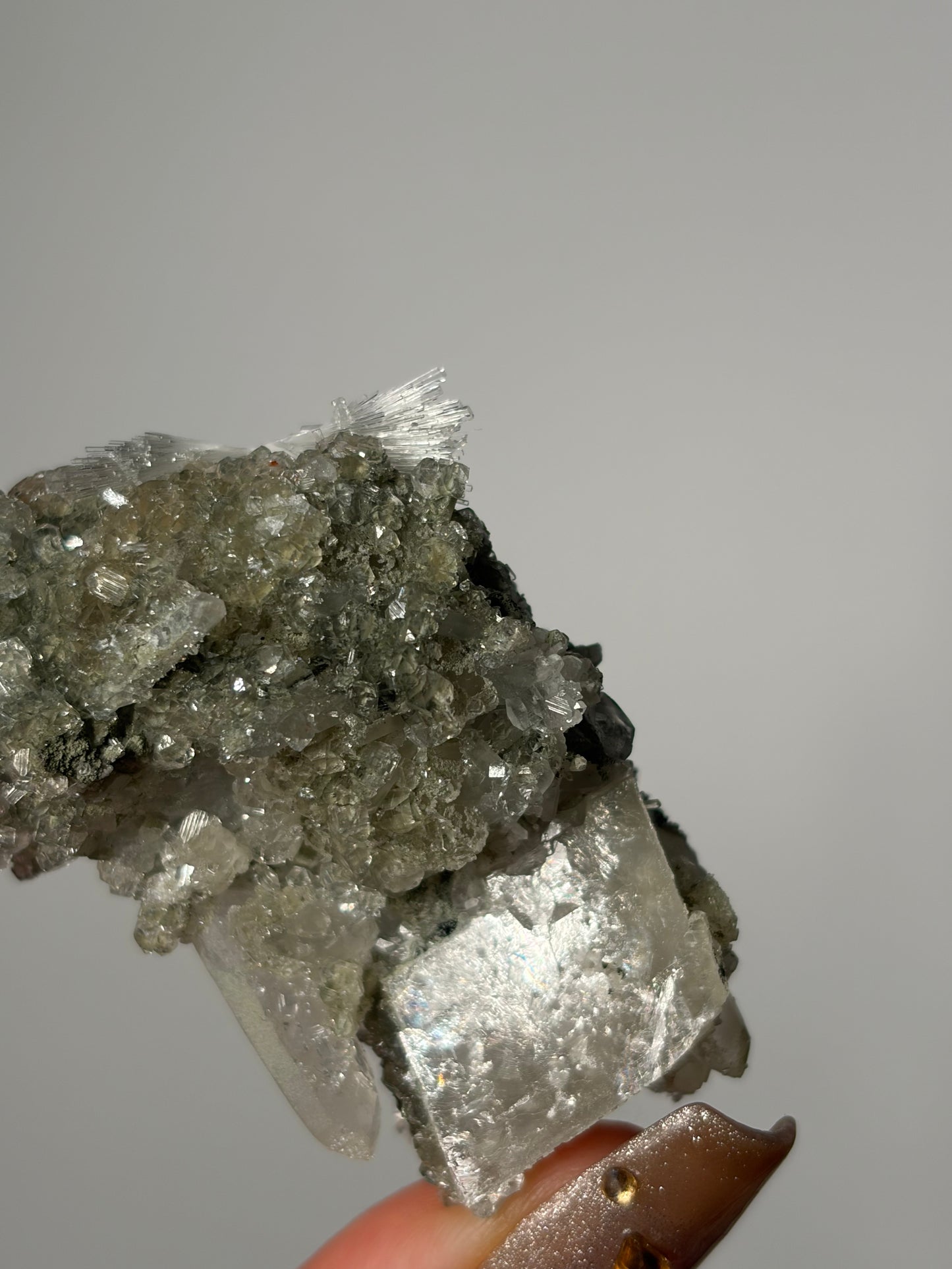 Bowtie Natrolite Specimen with Quartz and Apophyllite Coated Rhombohedral Calcite K